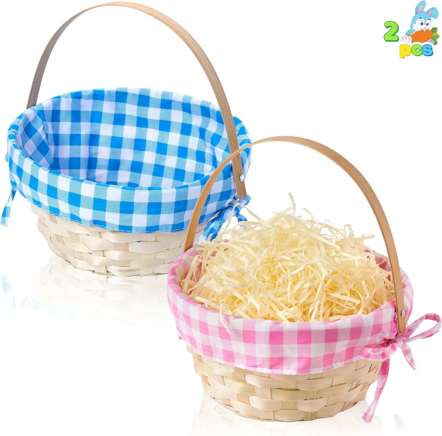 JOYIN 2 Pcs Easter Bamboo Woven Basket with Liner and Handle for Party Treats Picnic, Empty Gift Goodie Basket for Girls Boys Easter Egg Hunt(Not included grass)
