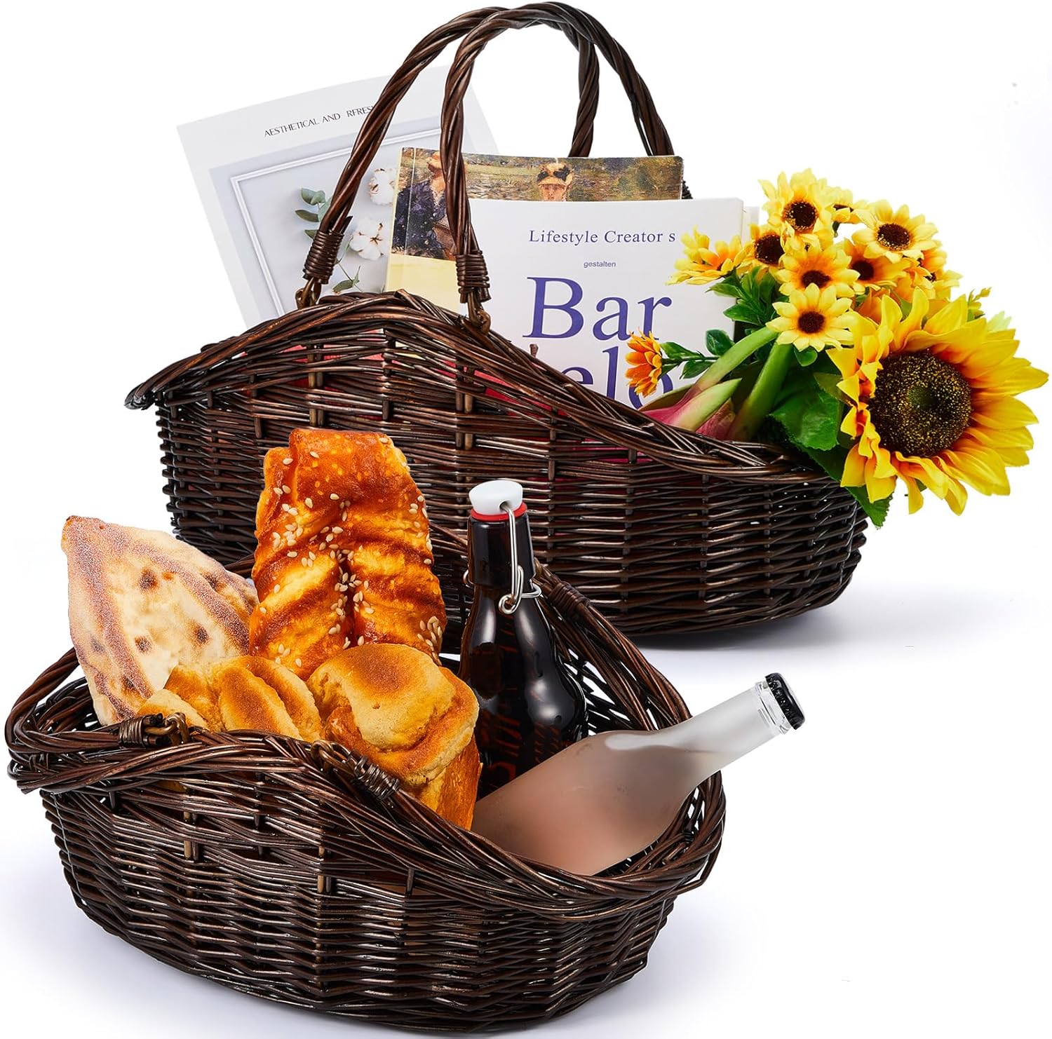 Juexica 2 Pcs Wicker Basket Set - Harvest Baskets for Gathering, Foraging, Garden Trug, Easter, Flowers, Fruit, Storage & Organizing Gift, Large & Medium Dark Brown