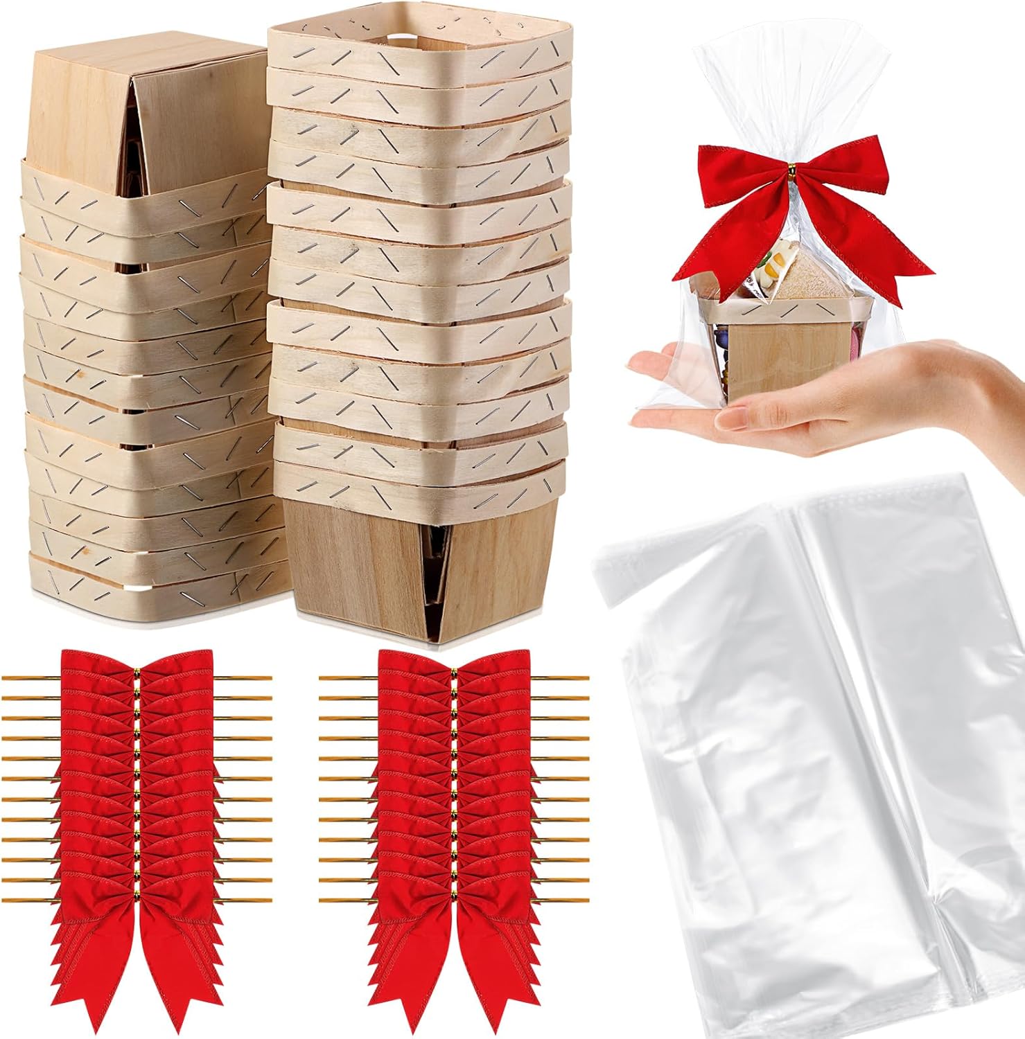 Kigley 24 Set Wooden Gift Baskets Empty Small Gift Basket with Cellophane Bags Bows Basket Kit for Easter DIY Picking Fruit Birthday Wedding Bow Party(4 Inch,Red)