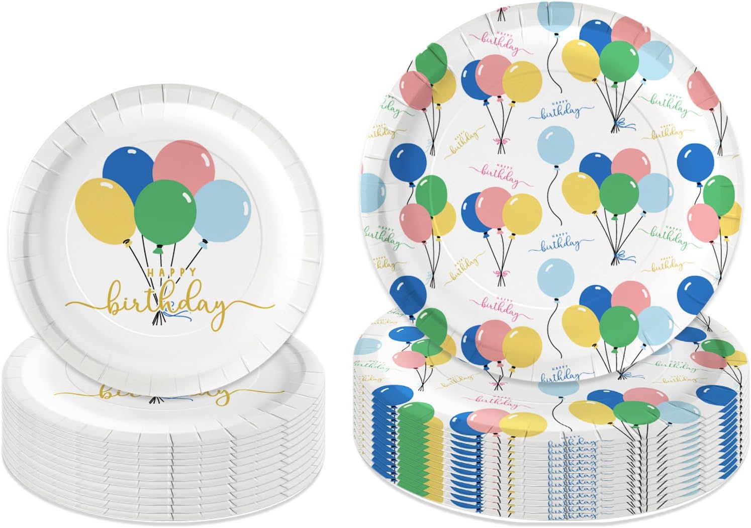 LeZakaa 50Pcs Birthday Paper Plates Sets - Happy Birthday Colorful Lettering & Balloon Design Disposable Party Plates Decorative Tableware Supplies Table Decor - 7 Inch & 9 Inch