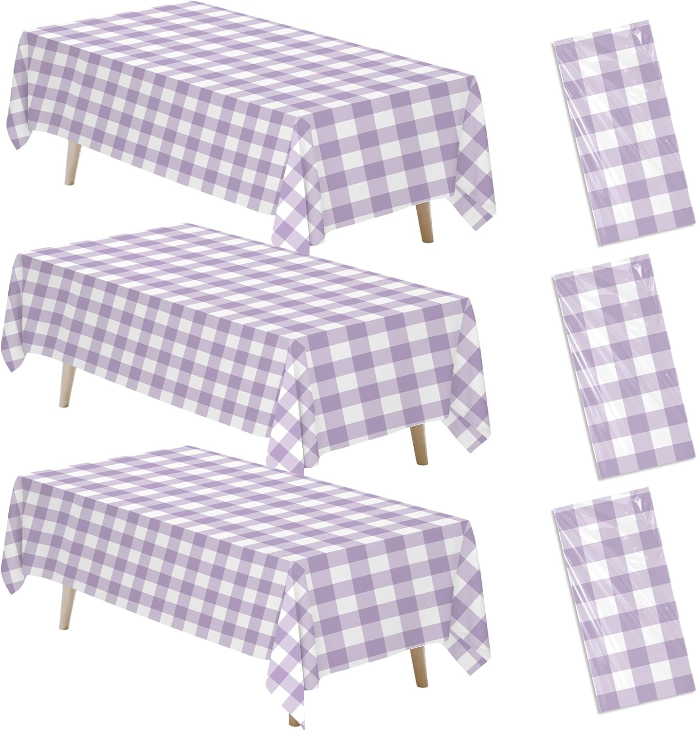 Light Purple Gingham Party Tablecloth Decorations, 3 Pack Purple Checkered Disposable Plaid Party Supplies Tablecover, for Birthday Baby Shower Bridal Wedding, 55in x 86in