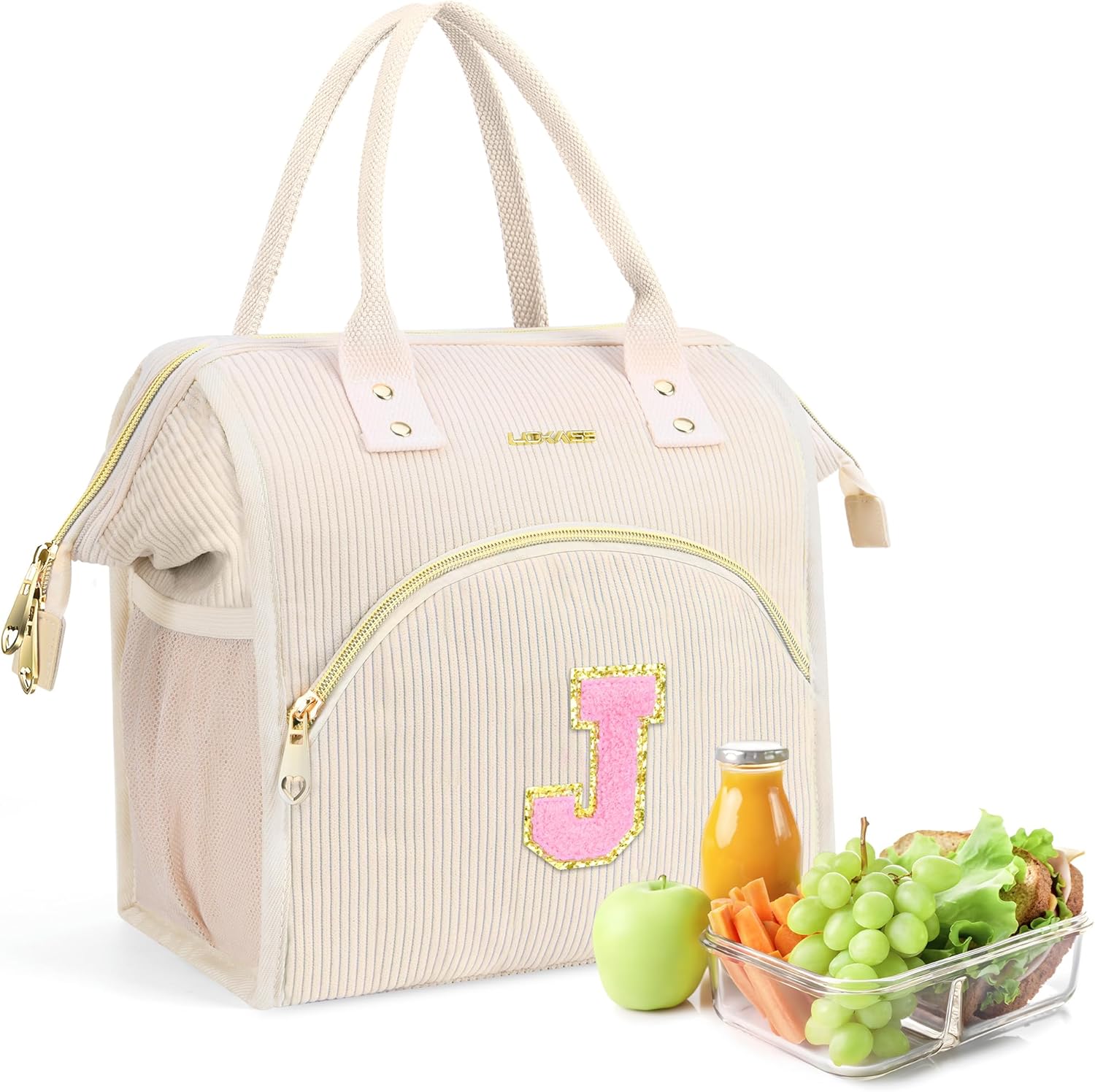 Lunch Bag Women Reusable Insulated Lunch Box, Preppy Initials Lunchbox, Leakproof Large Adults Lunch Tote Cooler Bags for Working, Outdoor Picnic, Hiking-Birthday Gifts (Beige J)
