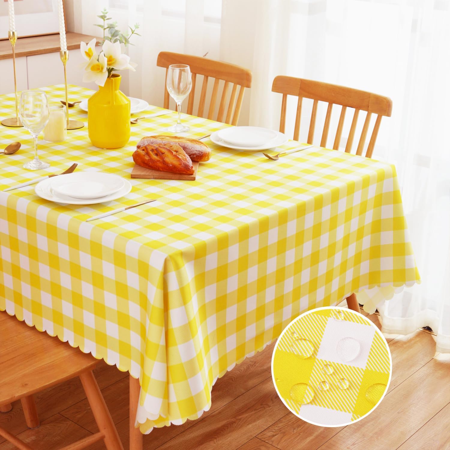 MANGATA CASA Yellow Gingham Tablecloth for Rectangle Tables-Checkered Table Cloth Waterproof Kitchen & Table Linens-Polyester Buffalo Plaid Wrinkle Free Table Cover(Light Yellow 60x102in)