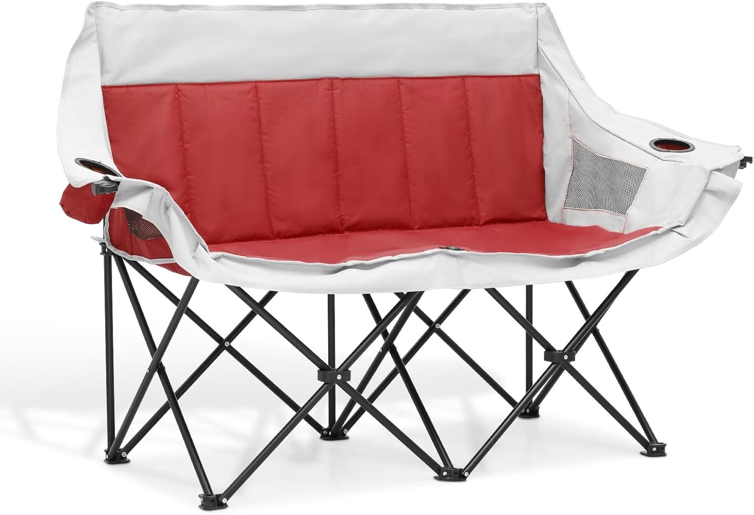 MoNiBloom Collapsible Double Camping Loveseat Chair Outdoor Beach Lawn Picnic Hiking Travel Portable Foldable Collapsible 2-Person Love Seat Camp Chair for Adults (Red and Light Gray)