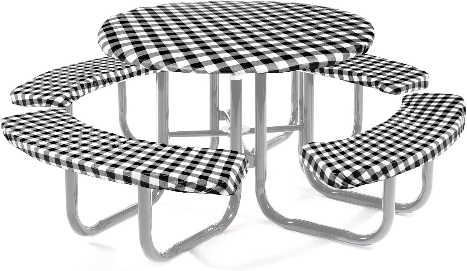 Moukeren Round Picnic Table Cover with Bench Cover Vinyl Fitted Picnic Tablecloth Round Waterproof Wipeable Table Cover with Elastic Edge for Camping Outdoor Patio, Black and White Grid,5 Piece Set