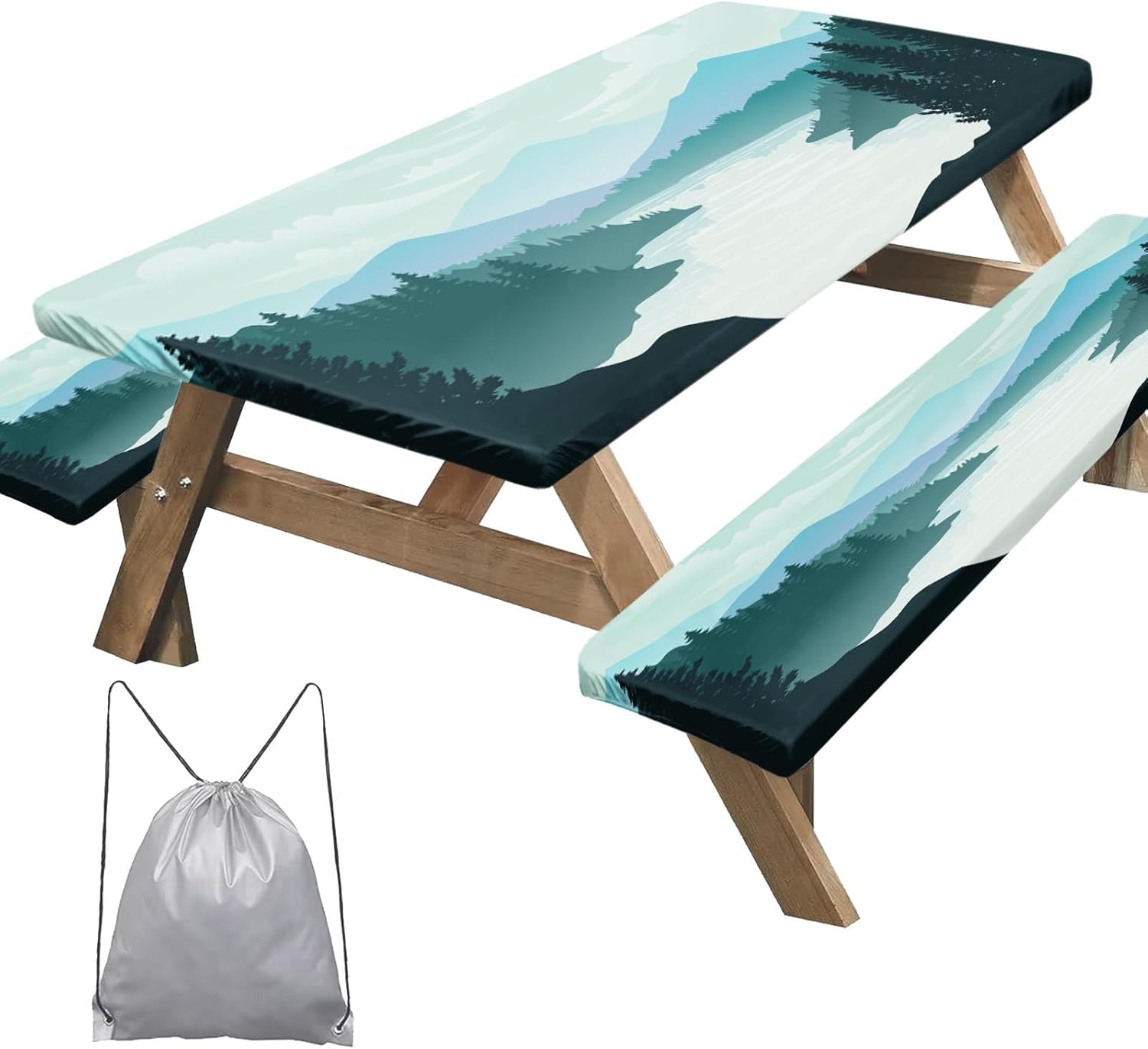 Mountains Green Picnic Table Cover 3 Piece Set with Bench Covers Lake Tree Camping Essentials Waterproof Tablecloth with Drawstring Bag for Picnic Tables and Seats Indoor Outdoor 72"x30"