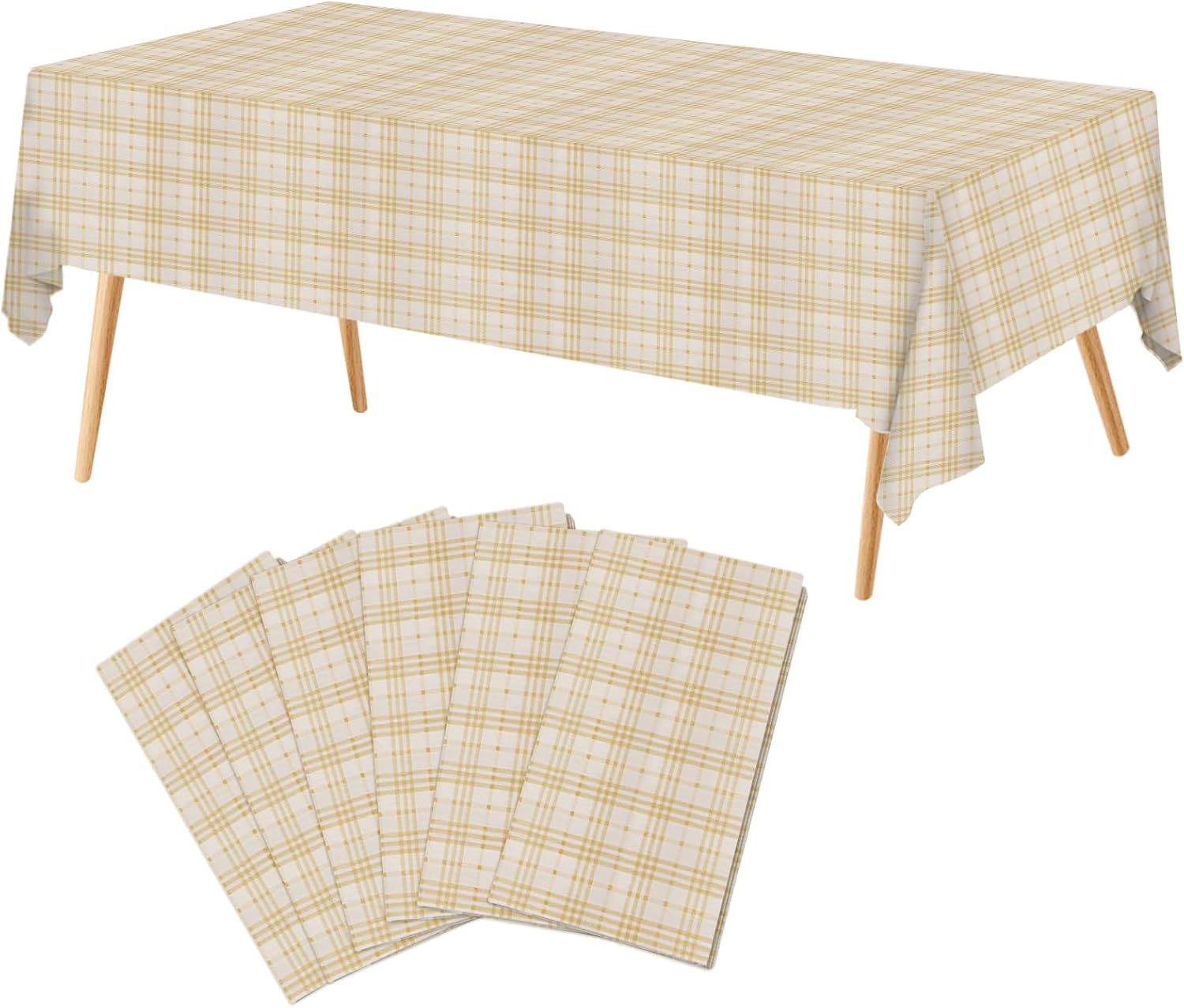 Natural Mineral-Based Disposable Tablecloths - 6 Pack, 54x108 Inch Table Cloth, Rectangle Table Cover for Picnic Events Wedding Holiday, Leakproof & Sturdy, Light Yellow Checkered