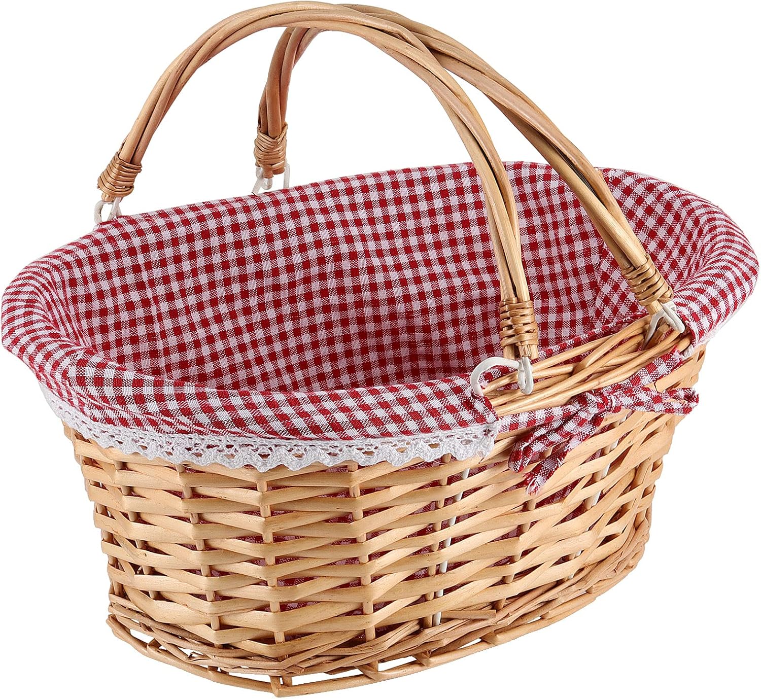 Natural Wicker Woven Gift Easter Basket, Hand Woven Empty Willow Woven Basket with Double Folding Handles and Washable Gingham Liner, Wicker Picnic Basket for Egg Candy Fruit Toy Storage