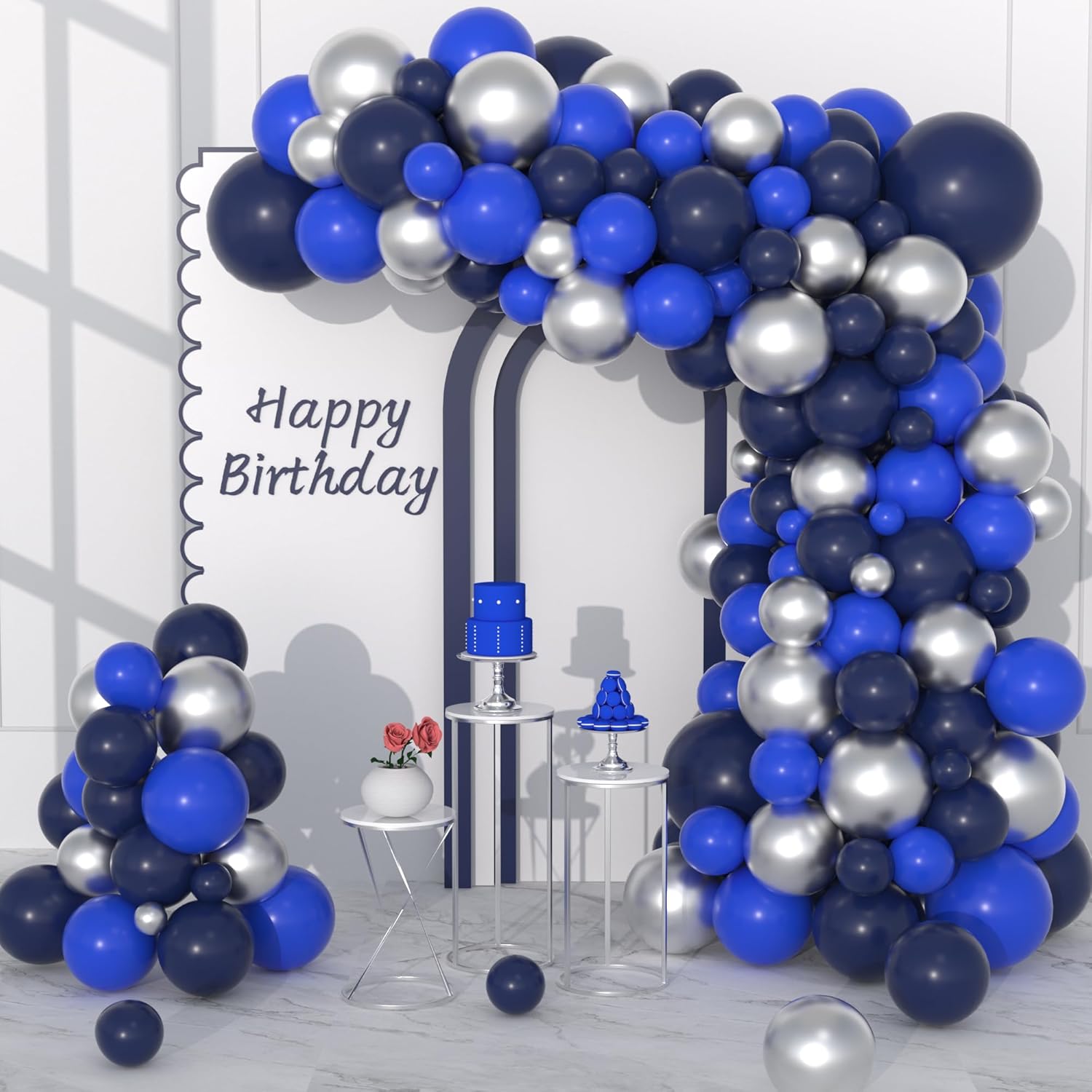 Navy Blue Silver Balloon Garland Arch Kit, 122PCS Dark Blue Navy Royal Blue Balloons Metallic Silver Balloons for Birthday Wedding Retirement 2025 Graduation Space Outer Video Game Party Decorations