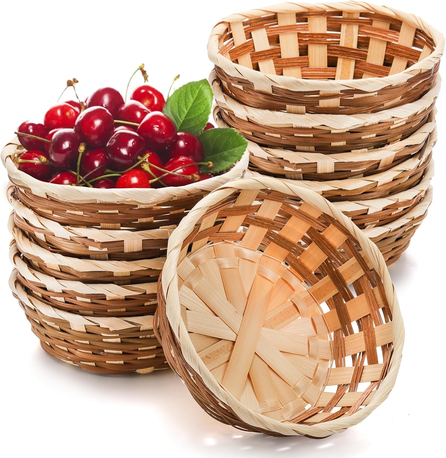 Nicunom 12 Pack Round Gift Baskets, Bamboo Small Bread & Fruit Baskets, 7" Woven Bread Roll Baskets, Food Serving Baskets, Food Storage Basket for Kitchen Restaurant Display Decor