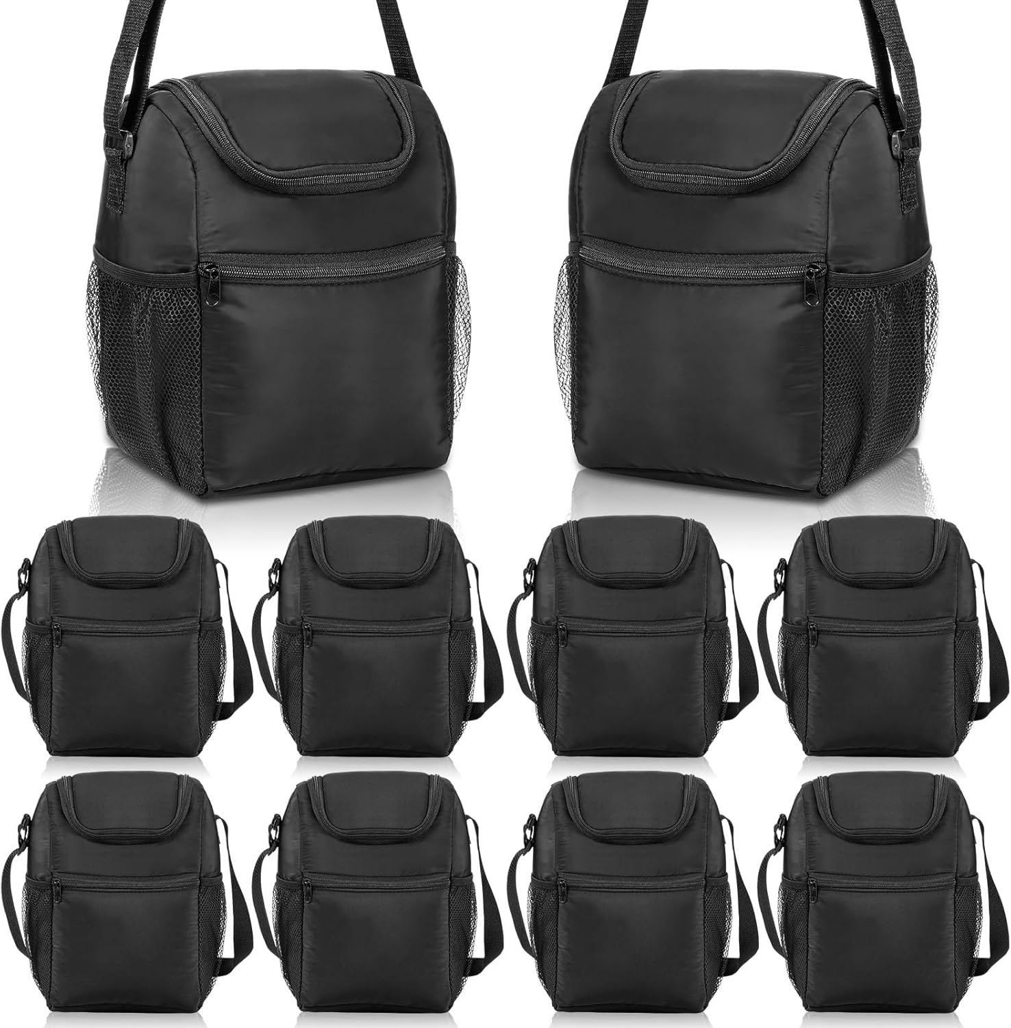 Nuogo 10 Pcs Insulated Lunch Bags Bulk, Reusable Lunch Boxes, Black Waterproof Thermal Cooler Bags with Zipper, Adjustable Strap for Men Women Work School Outdoor Camping Picnic Beach