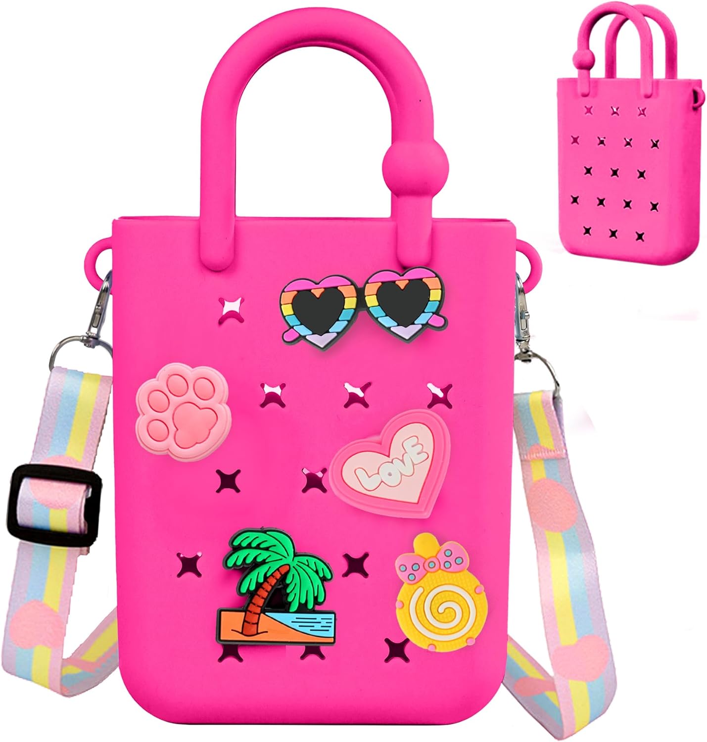 Oudizz Mini Rubber Tote Bag, Silicone Beach Tote for Little Girl & Woman, Cute Bag with 20 Charms & Adjustable Shoulder Strap