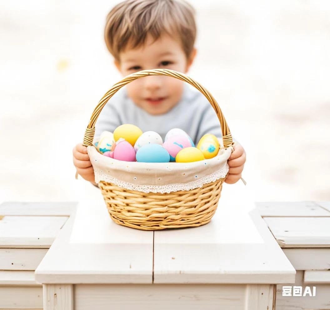 Oypeip Wicker Basket Gift Baskets Empty Round Willow Woven Picnic Basket Cheap Easter Candy Basket Storage Basket Wine Basket with Handle Egg Gathering Wedding Basket (Nature)