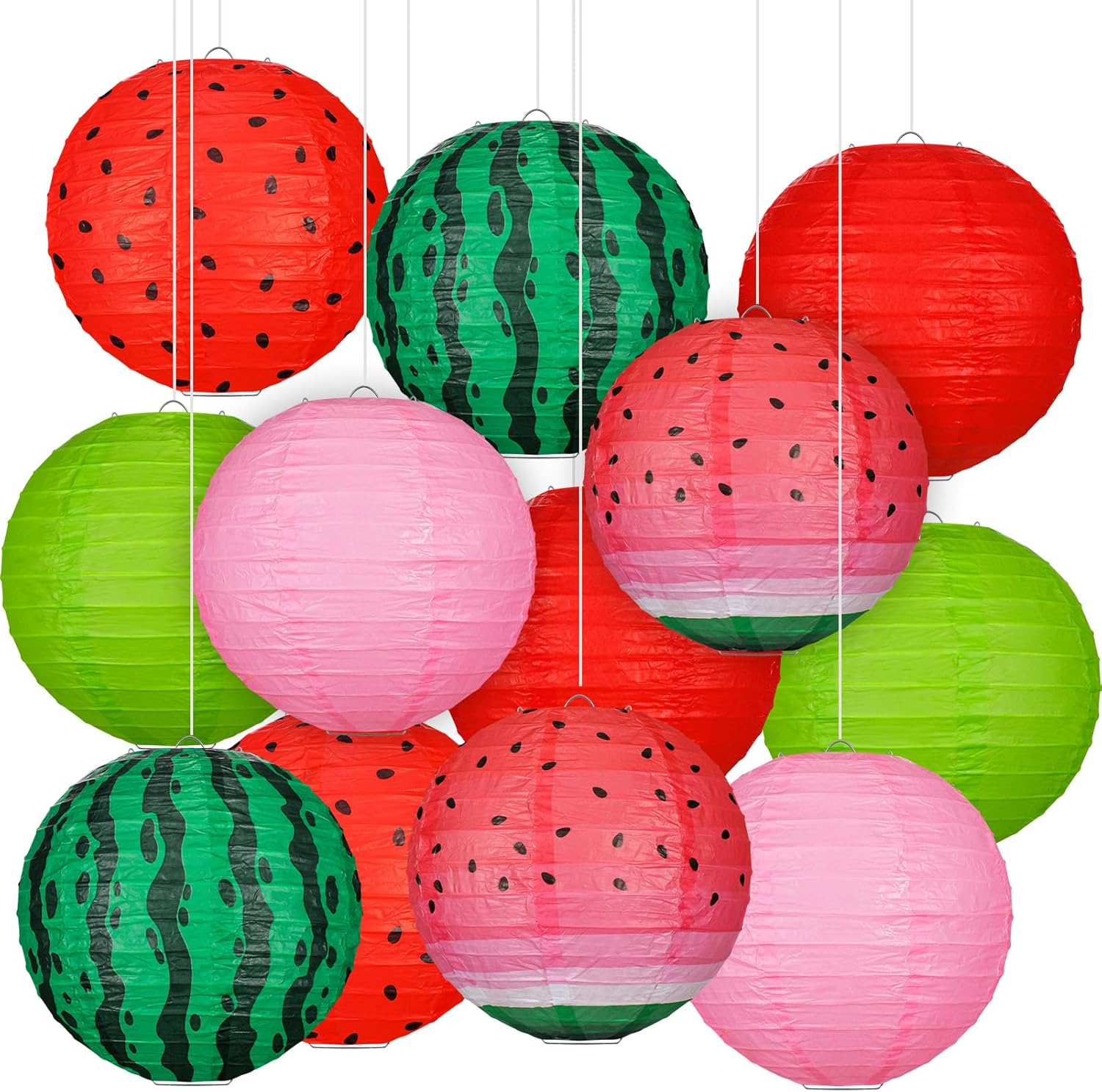 Panelee 12 Pcs Watermelon Paper Lanterns Party Decorations 8 Inch Hanging Round Hanging Paper Party Decorations for Holiday Indoor Outdoor Supplies