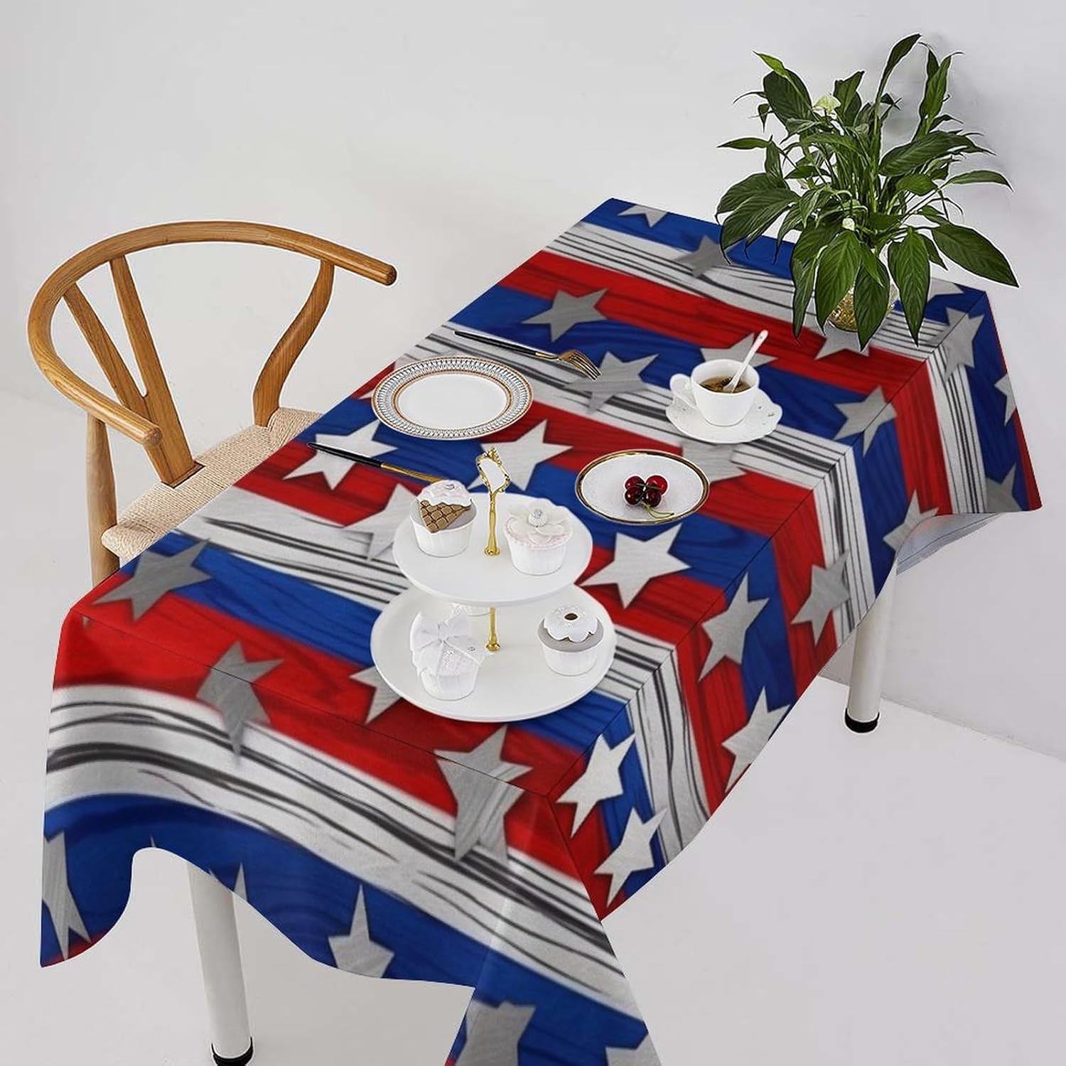 Patriotic Stars Strips Independence Day Table Cloth 55"x55" Washable Linen Table Runner Farmhouse Rectangle Tablecloth Waterproof Heavy Duty Picnic Tables Cover for Kitchen Dining Holiday Party Decora