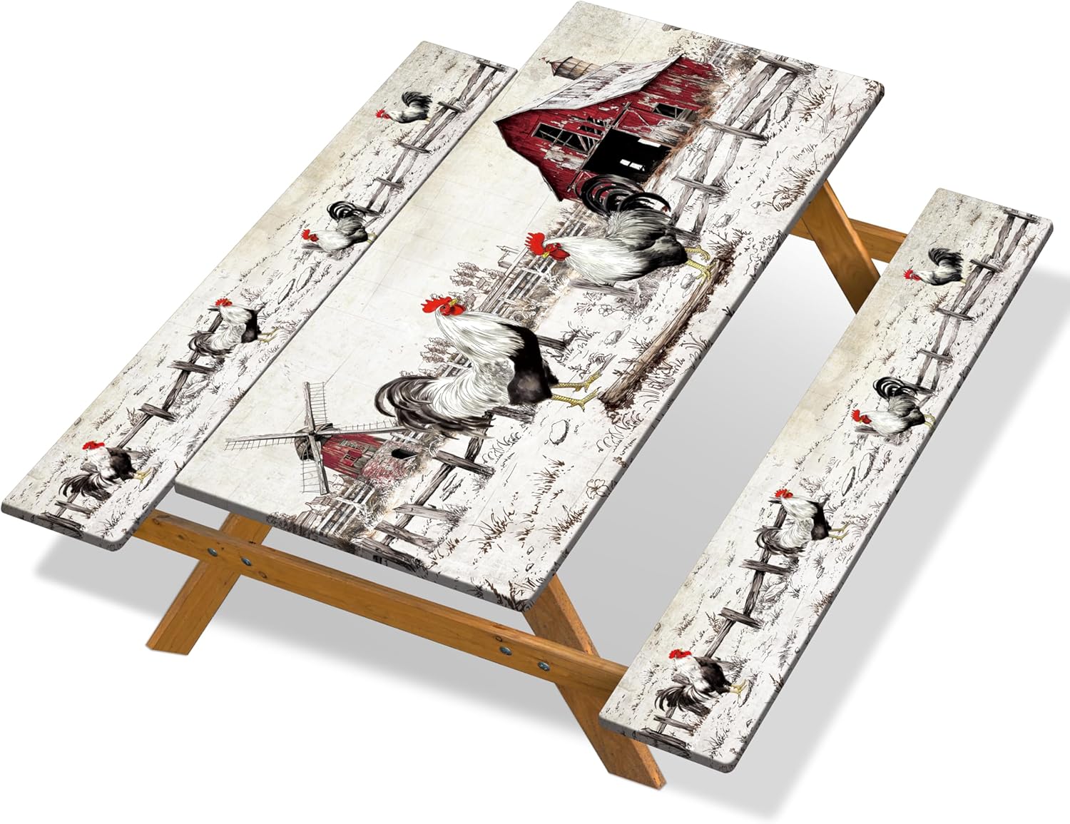 Picnic Table Cover with Bench Covers Camping Essentials Farmhouse Rooster Outdoor Table Covers with Elastic Waterproof Fitted Tablecloth for RV Picnic Travel