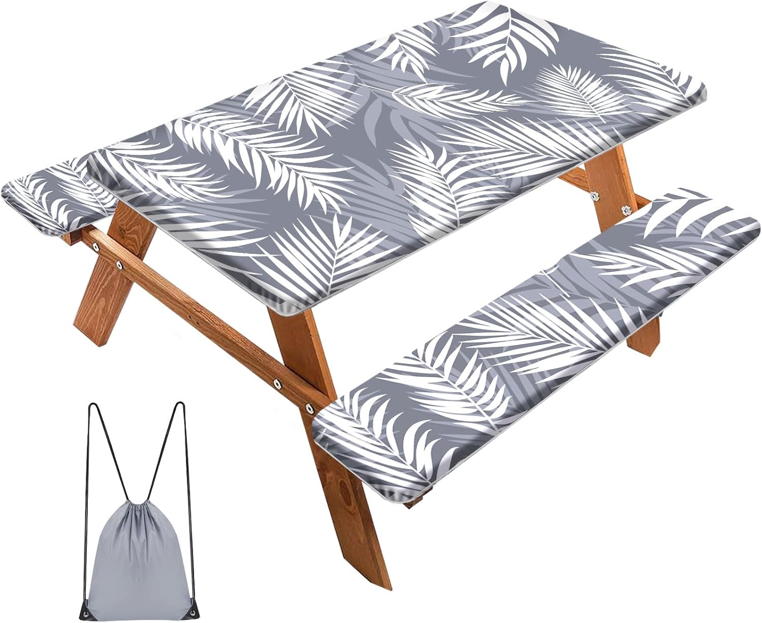 Picnic Table Covers with Bench Covers 3-Pieces Set, Waterproof and Windproof Camping Tablecloth Elastic Edge,Fitted for Rectangle Outdoor Tables,72"（White Grey Palm Leaves）