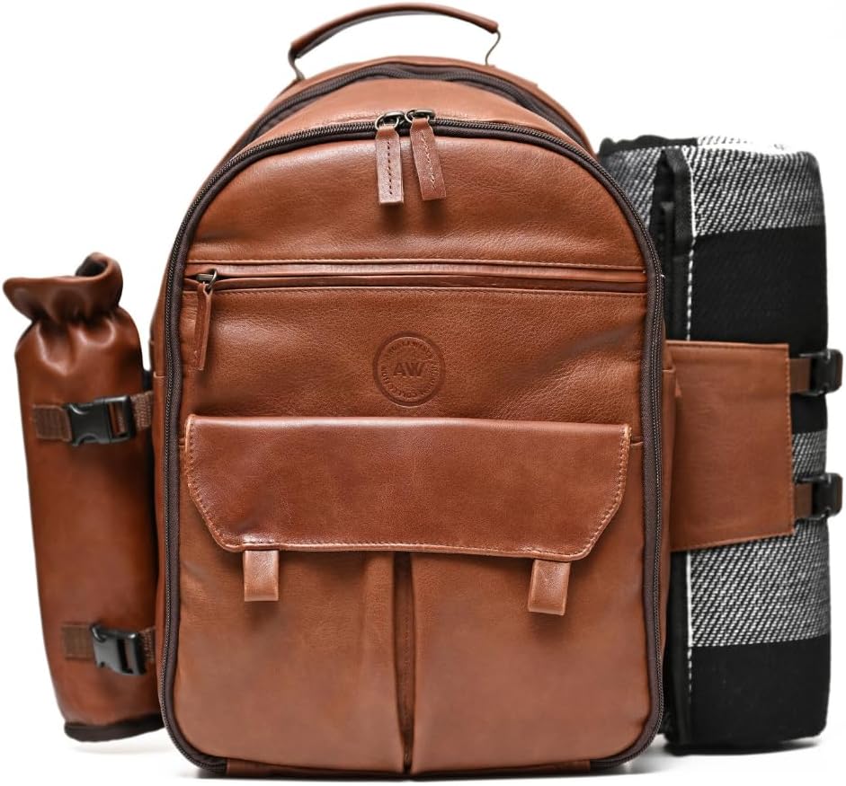 Premium Collection Genuine Leather Picnic Backpack for 4 | Insulated Compartment | Blanket | Dinner Plates | Cutlery Set | Luxury & Style | Ideal Gift for Women and Men (Brown)