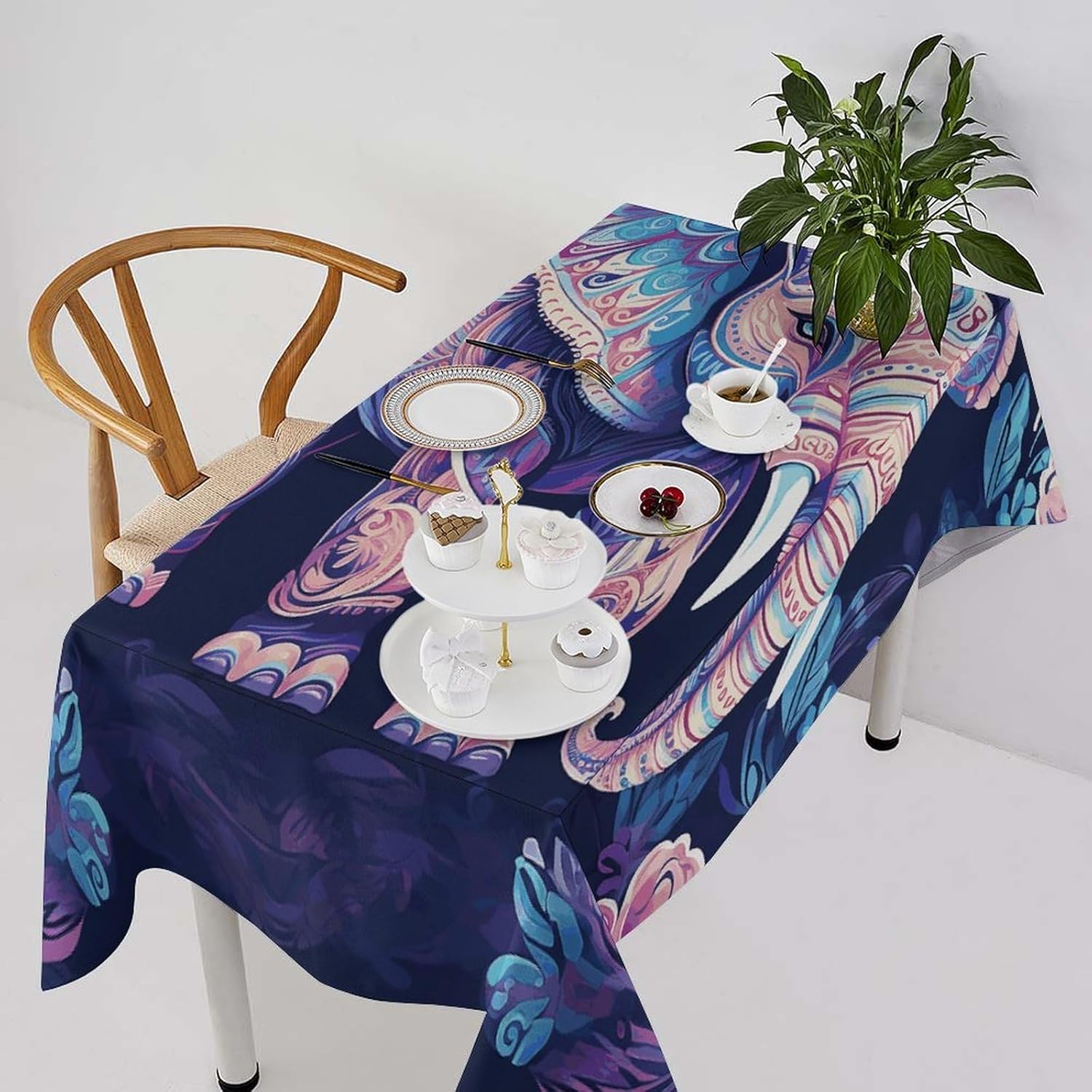 Purple Elephant Table Cloth 55"x55" Washable Linen Table Runner Farmhouse Rectangle Tablecloth Waterproof Heavy Duty Picnic Tables Cover for Kitchen Dining Holiday Party Decorations