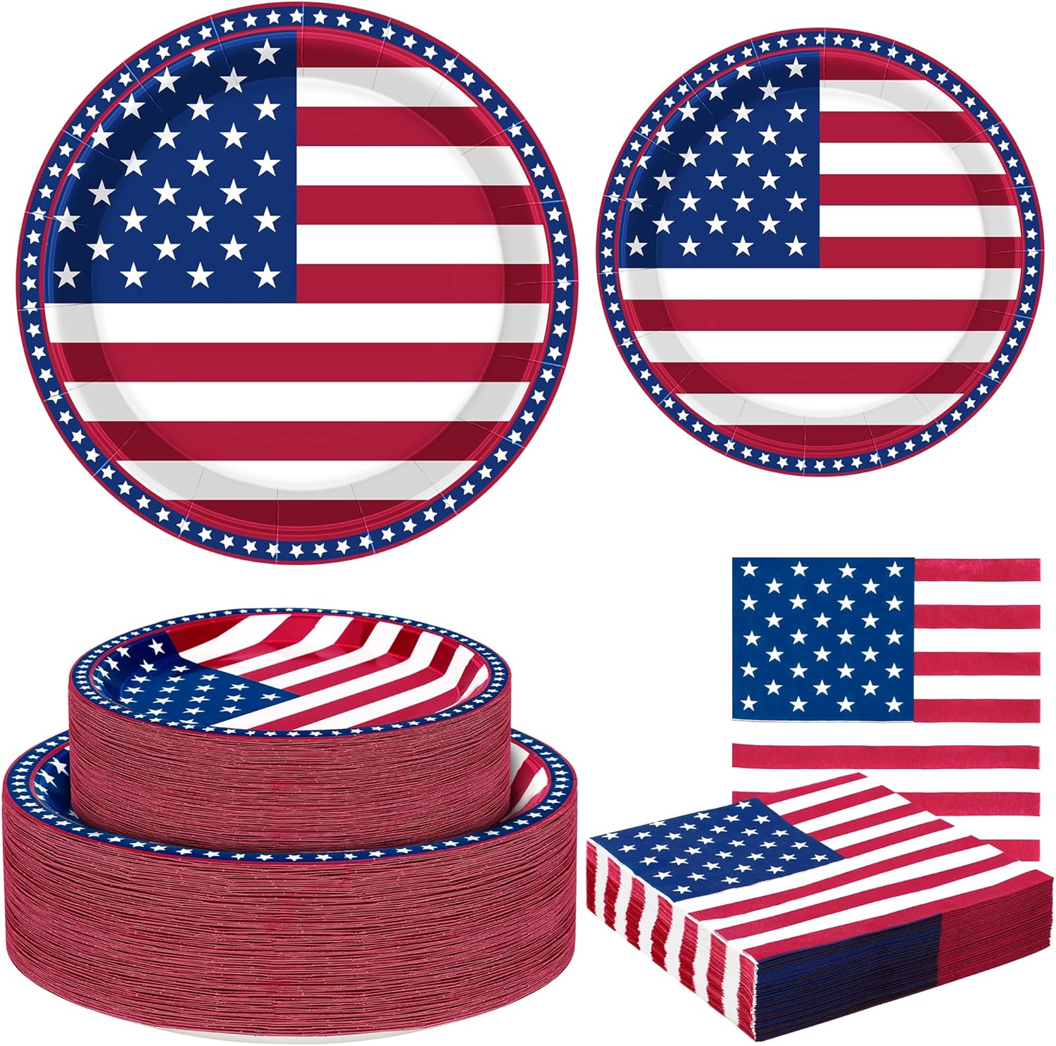 QZYL 150 Pcs 4th of July Party Supplies, Serve 50 Patriotic American Flag Party Tableware Set Paper Plates and Napkins, Fourth of July Decorations for Independence Day Patriotic BBQs Picnic Events
