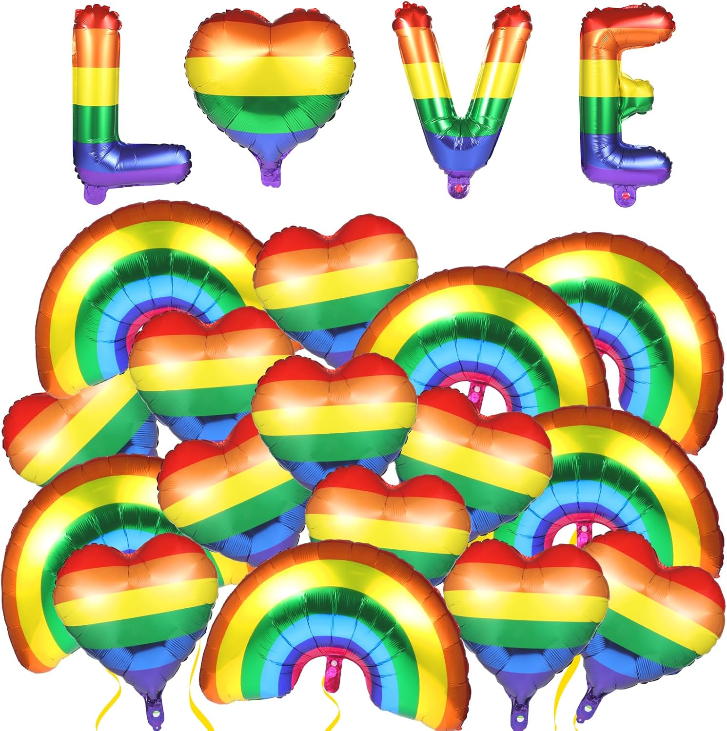 Rainmae 20 Pcs Pride Day Rainbow Party Foil Balloons with 2 Gold Ropes 1 Straw, Large Reusable Rainbow LOVE Heart Design Foil Balloons for LGBTQ Gay Birthday Party Baby Shower Decorations Accessories
