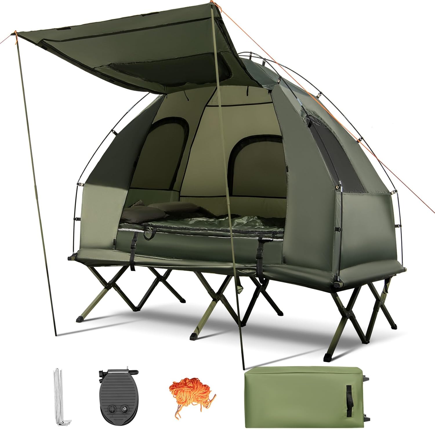 ReunionG 2 Person Cot Tent, 5 in 1 Foldable Camping Tent Cot w/Air Mattress, Sleeping Bag, Pillow, Carrying Bag, Off Ground Elevated Tents for Hiking, Picnic, Travel, Fishing, Outdoor Activities
