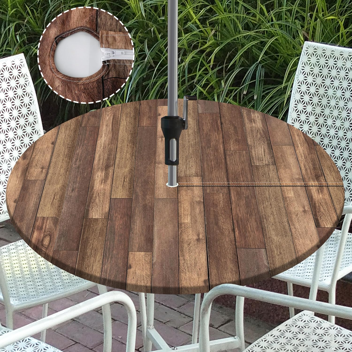 Round Outdoor Tablecloth with Umbrella Hole Zippered Fitted Tablecloth with Elastic Wood Grain Table Cloth Cover for Picnic Party Patio Fits 36-40" Diameter Round Tables