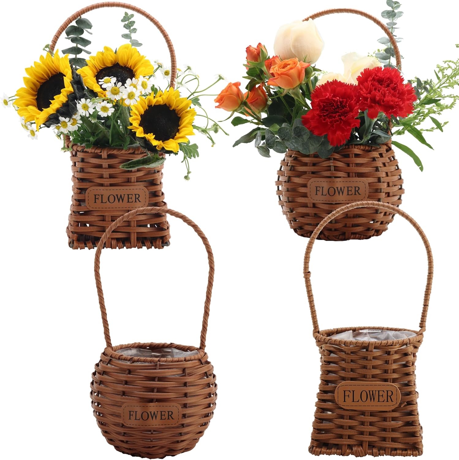 Set of 4 Flower Basket with Handle, QENUIITEA Imitation Rattan Woven Picnic Basket with Plastic Waterproof Lining, Flower Girl Baskets for Wedding Valentine's Day, Storage Basket for Home Decor