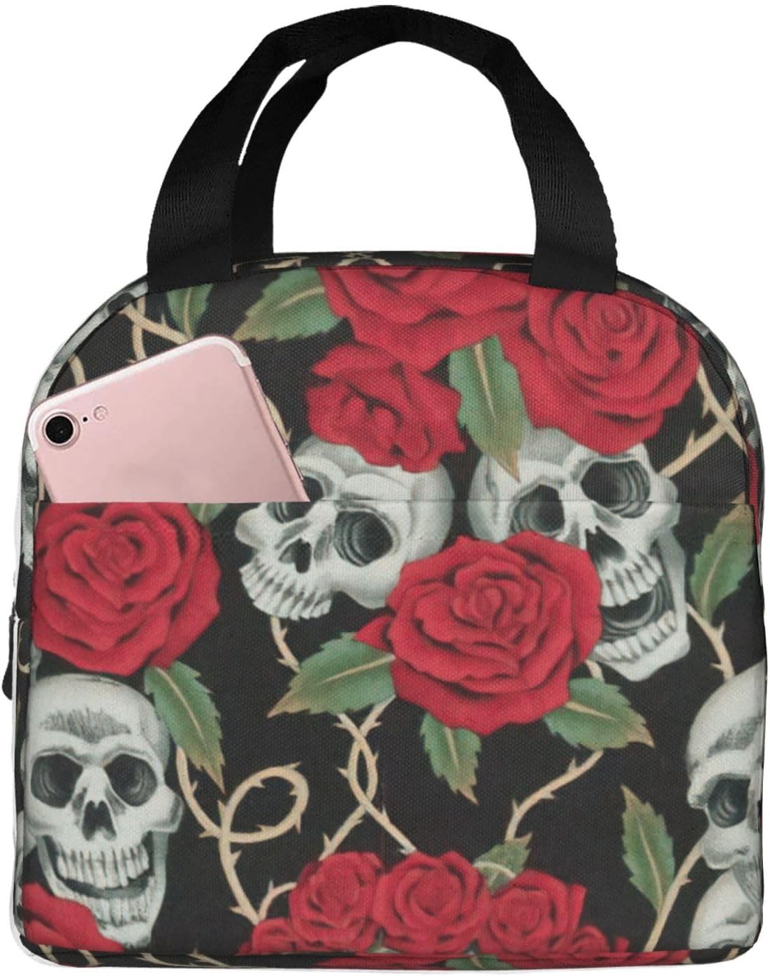 Skull and Red Rose print Lunch Bag Lunch Box Reusable Insulated Lunch Tote Leakproof for Work Picnic