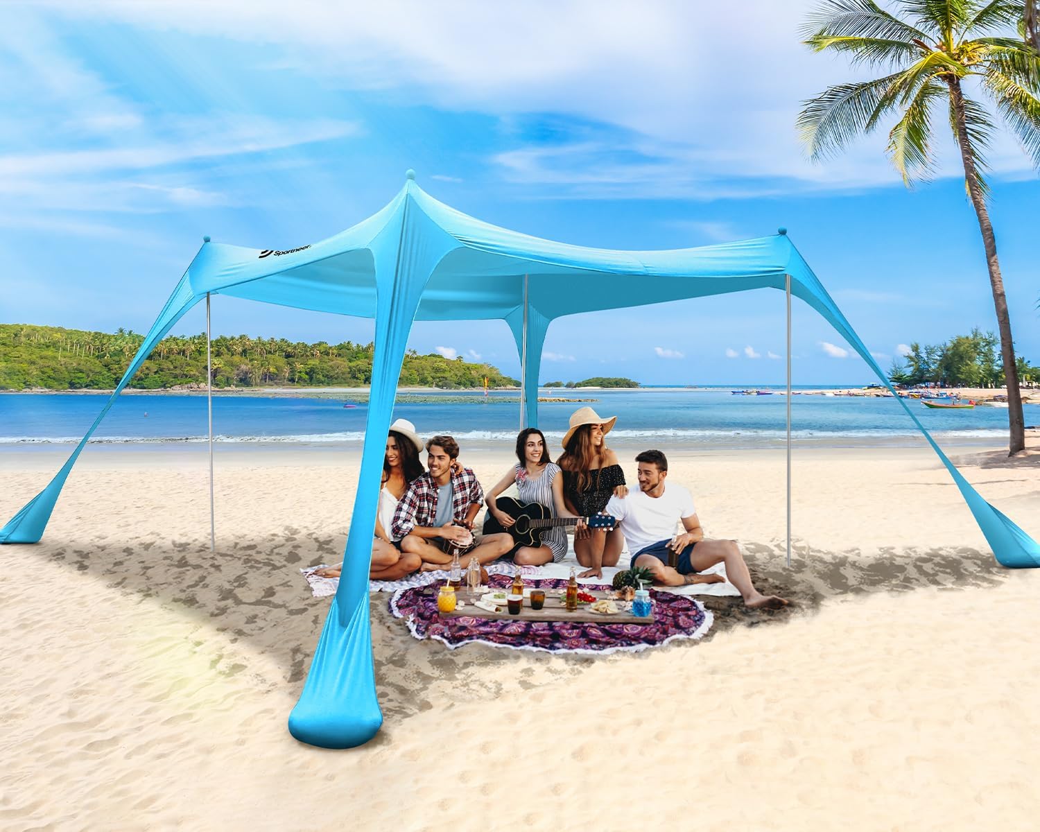 Sportneer Beach Tent Sun Shelter: UPF50+ Easy Pop Up Beach Tent, 10x10FT Beach Canopy Tent Sun Shade with 4 Sandbags, Sand Shovels, Ground Pegs & Stability Poles for Beach, Camping, Backyard, Fishing