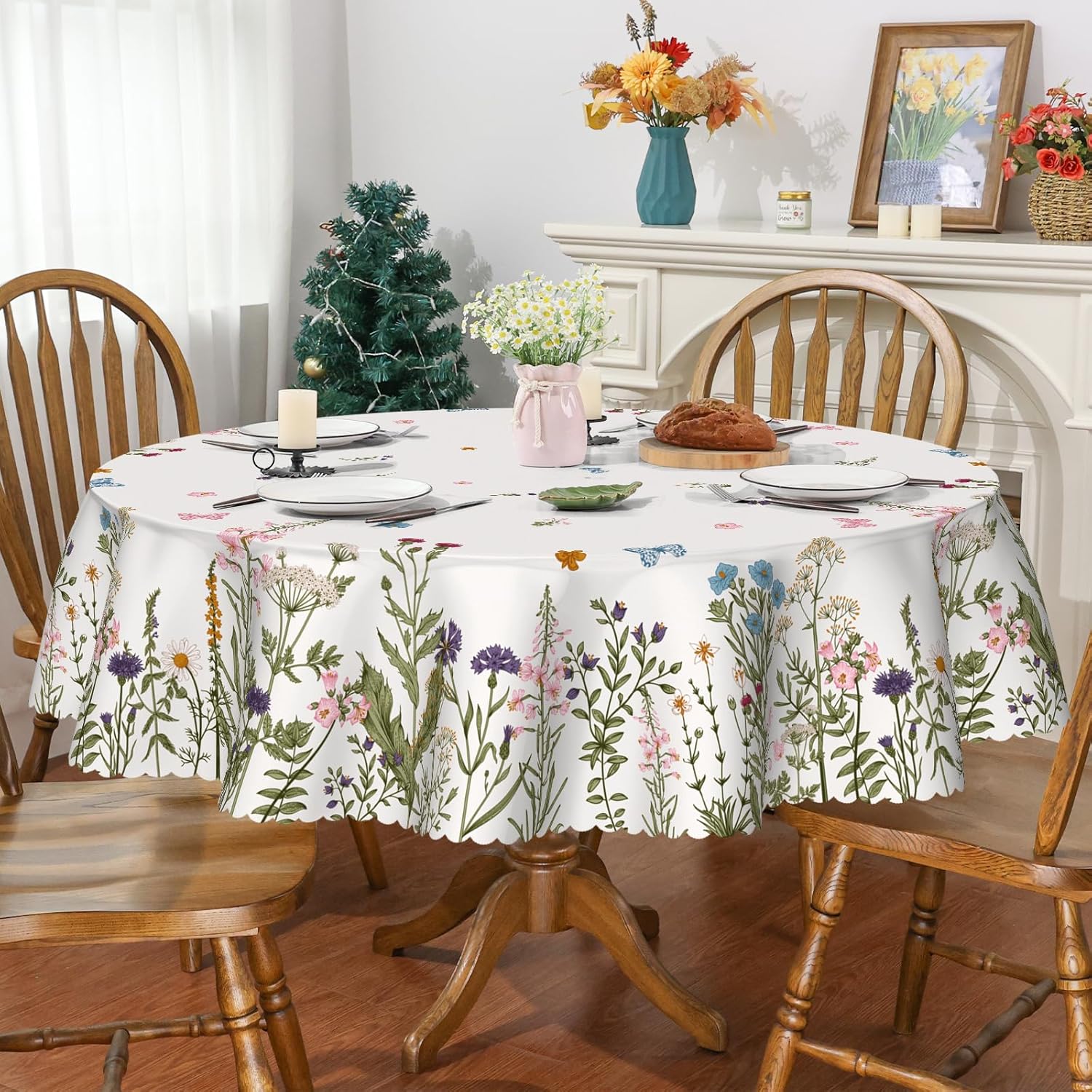 Spring Tablecloth 60 x 60 Inch Round, Floral Wild Flowers Butterfly Table Cover Seasonal Summer Scallop Edge Picnic Table Cloth