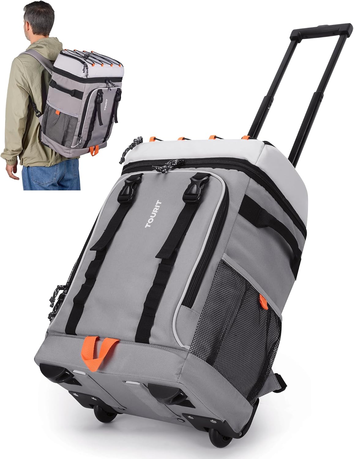 TOURIT 50-Can Rolling Backpack, Double Deck & Dual-Bar Handle Travel Soft Cooler Bag with Wheels for Women, 30L Space Beach Cooler Size 18"(15"+3")×13"×11"
