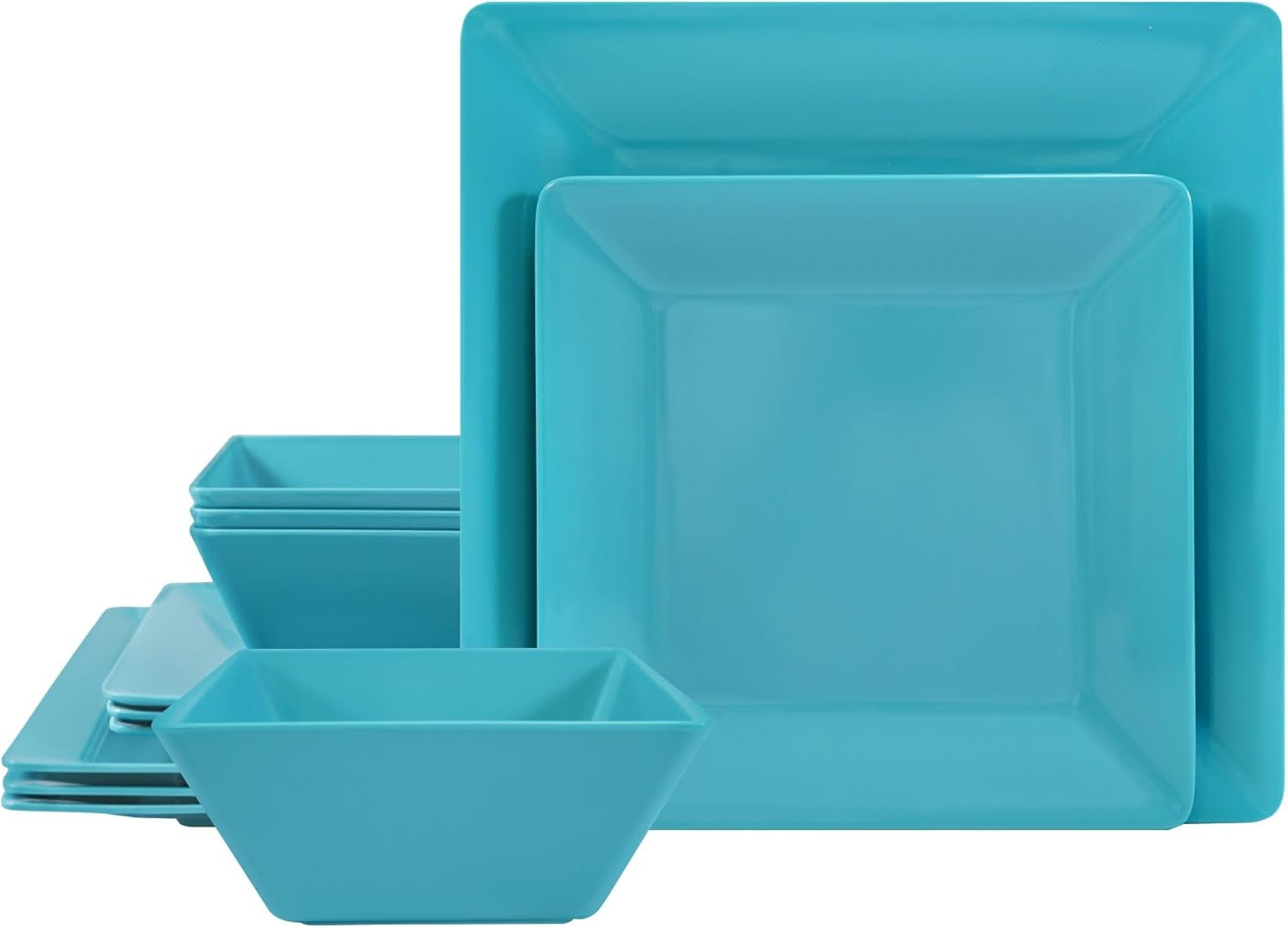 TP 12-Piece Dinnerware Set, Melamine Dishes Set with Bowls and Plates, Non-breakable and Lightweight Square Dinner Set for 4, Teal
