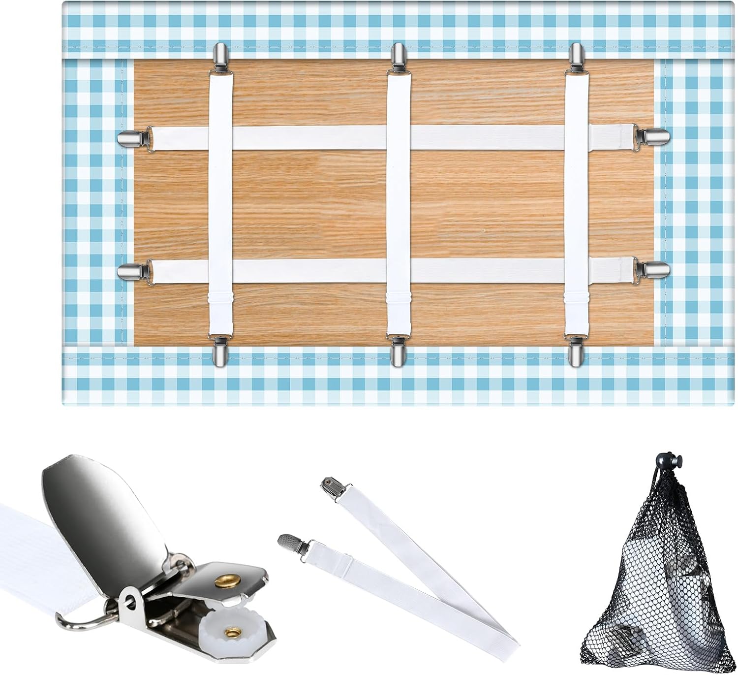 Table Cloth Holder Clips Hidden Straps 5 Pack,Adjustable Elasticity Picnic Tablecloth Clips,Large Clamps for Thick Tables Bench Cover Indoor Outdoor Party Restaurant Camping RV Essential (white)