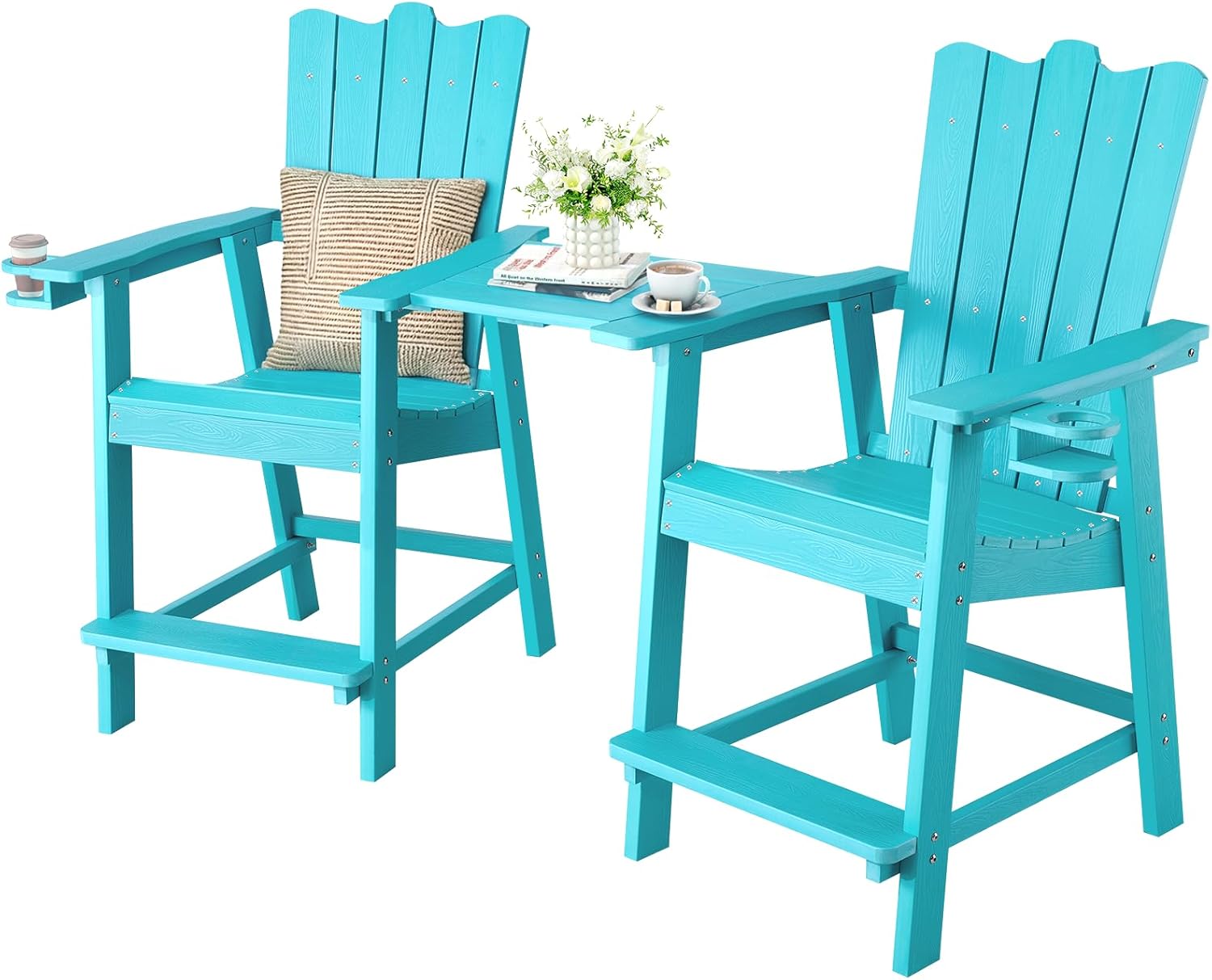 Tall Adirondack Chairs Set of 2, HDPS Patio Adirondack Chairs, Tall Balcony Chair with Connecting Tray, Bar Height Chairs with CupHolder and Umbrella Hole, No Fade, No Break