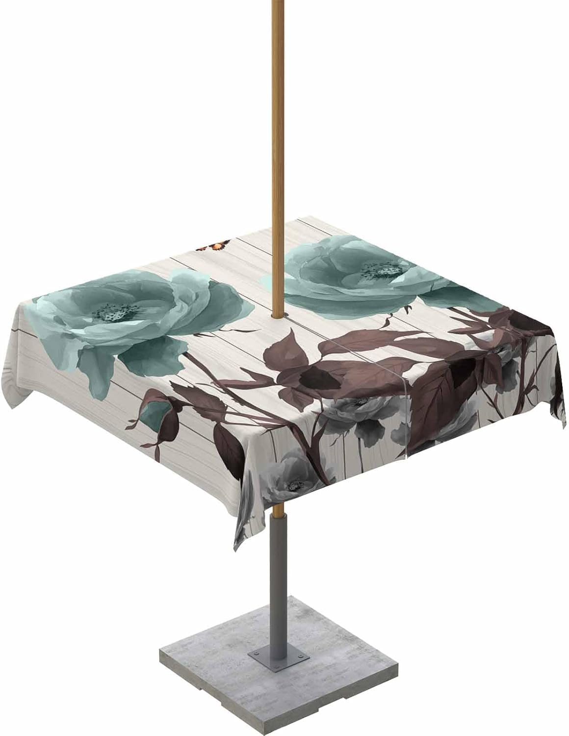 Teal Blue Floral Outdoor Tablecloth with Umbrella Hole, Vintage Rustic Botanical Spillproof Waterproof Outdoor Table Cover, Beige Wooden Patio Tablecloths for Party/Garden/Picnic, Square 54"x54"