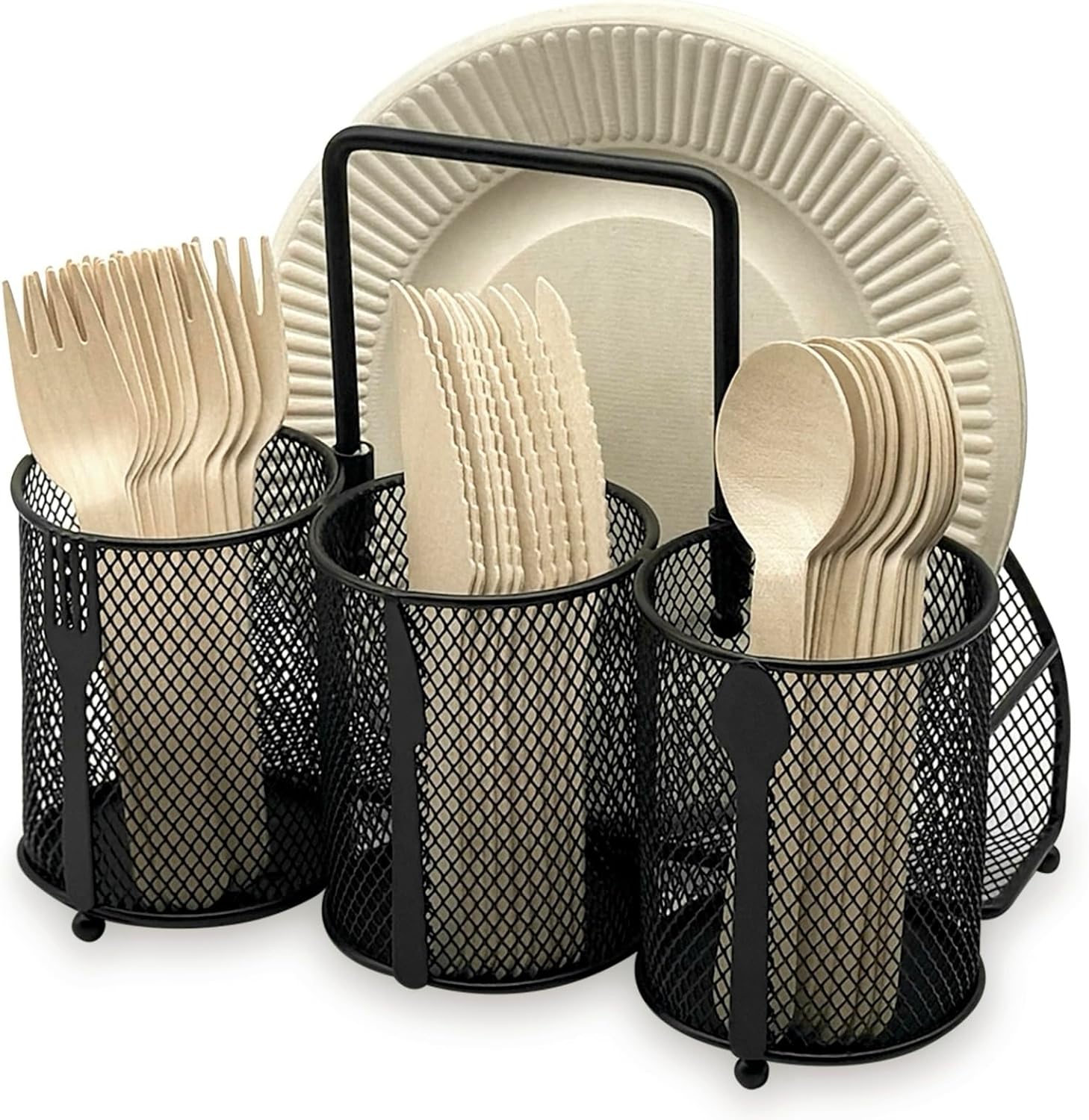 Utensil Caddy Silverware Holder - 4 Compartment Metal Mesh Cutlery Fork Spoon Napkin Plate Organizer Flatware Storage Basket Party Kitchen Countertop Buffet Picnic Camping Outdoor BBQ Black