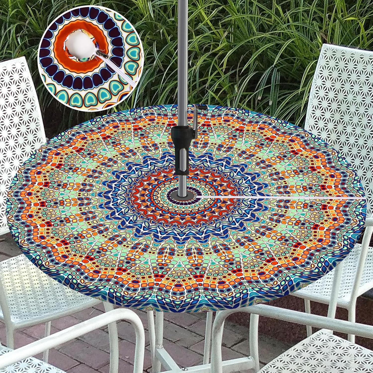 Vaukki Outdoor Picnic Fitted Tablecloth with a Hole and Zipper, Waterproof Patio Table Covers, Camping Zippered Tablecloth for Patio, Picnic, Camping, Dinner (Mandala, Fit 36-44 Inch Round Table)