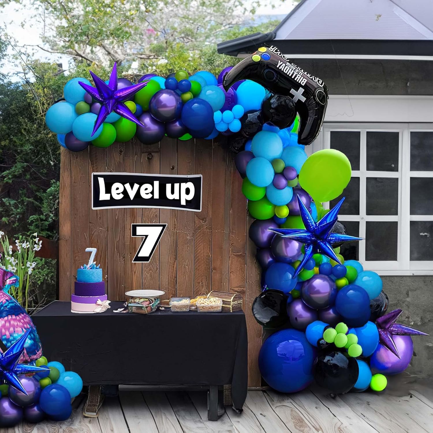 Video game balloon garland arch kit 140pcs purple blue green black balloons with Diy starburst controller mylar balloon for gamer night Birthday party decorations