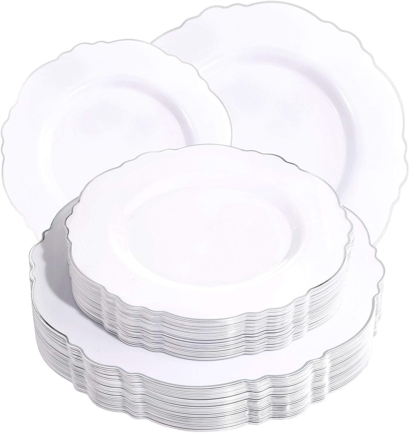 WDF 60pcs Silver Plastic Plates-Baroque White &Silver Plates for Upscale Parties &Wedding-including 30Plastic Dinner Plate 10.25inch, 30 Salad Plate 7.5inch