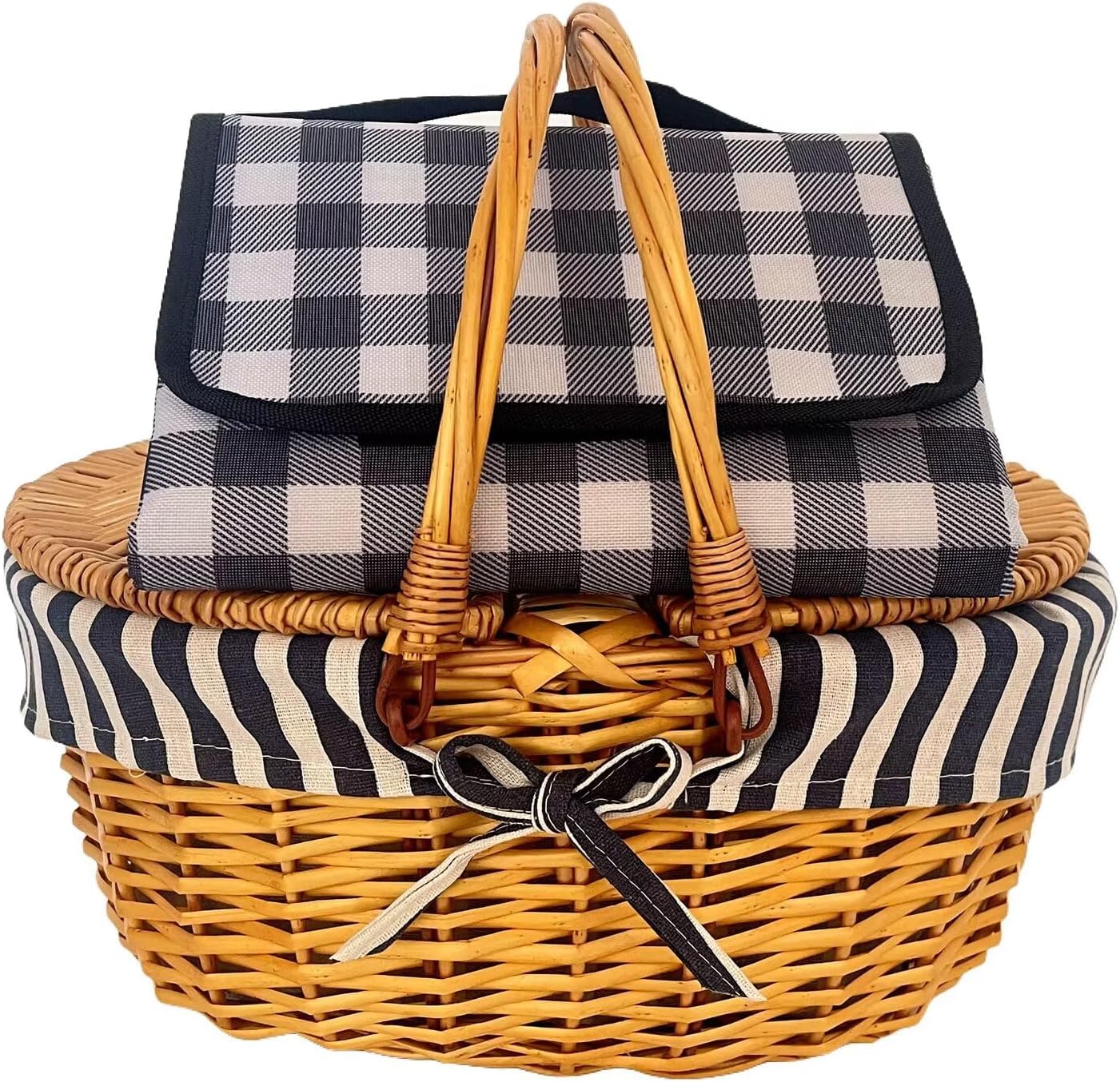 Wicker Picnic Basket with Blankets Oval Willow Woven Gift Baskets Easter Candy Basket Large Storage Basket with Handle and Lid Camping(Blue Stripe)