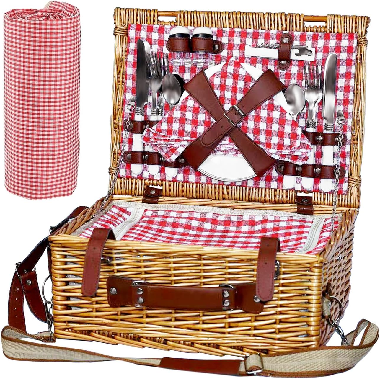 Willow Picnic Basket Set for 4 with Large Insulated Bag and Waterproof Picnic Blanket，Utensils, Glasses, Wicker Picnic Hamper for Camping,Outdoor,Birthday, Valentine, Red