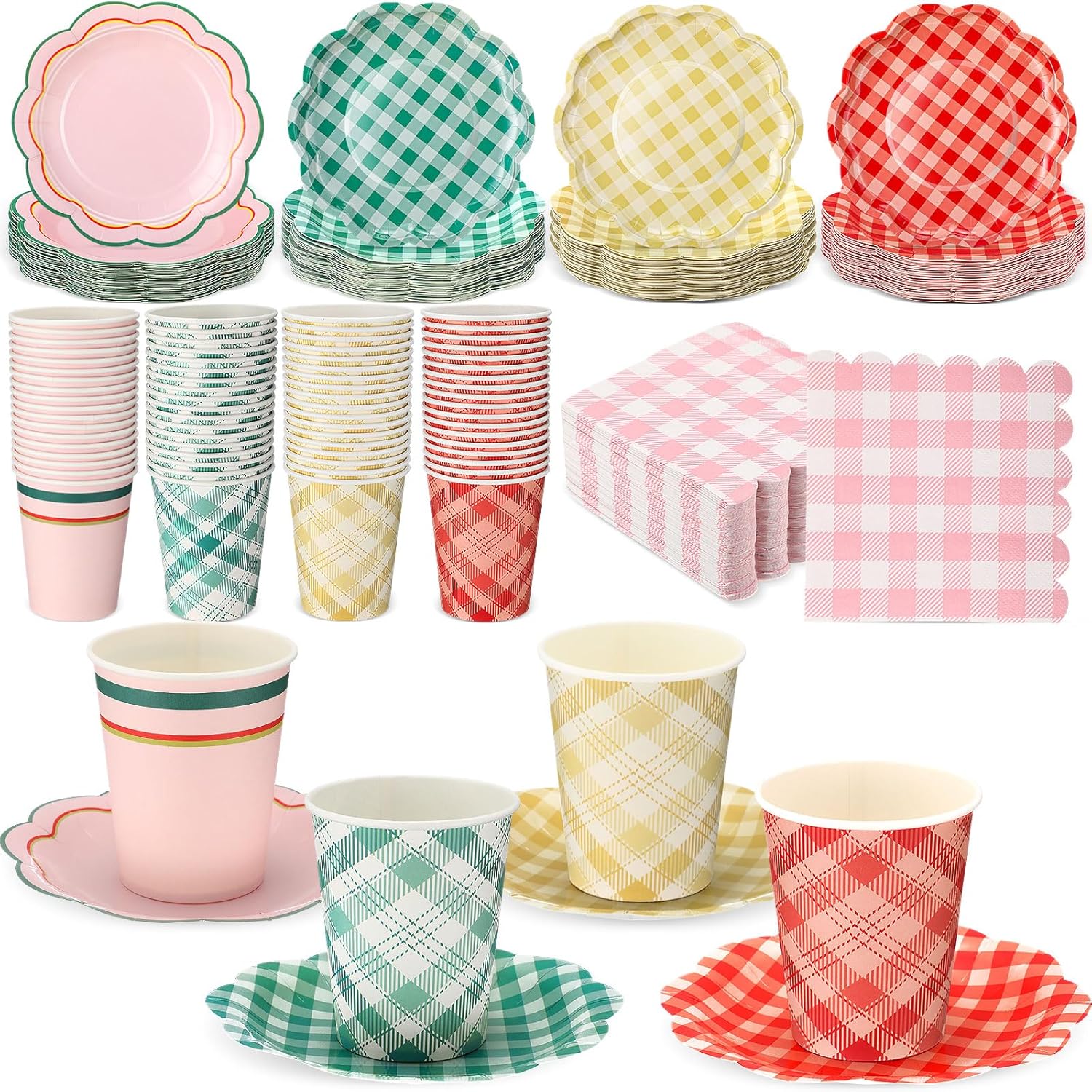 Yungyan 108 Pcs Gingham Party Supplies Include Disposable 6" Plates and 9 oz Cups and Paper Napkins Tableware Set for Birthday Bridal Shower BBQ Picnic Party Supplies Decoration(Vintage Color,108 Pcs)
