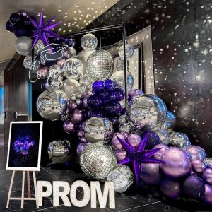 chrome purple silver disco balloon garland arch kit 120pcs dark purple & metallic purple balloons with disco ball star balloons for birthday eve prom party happy grad decorations 2025