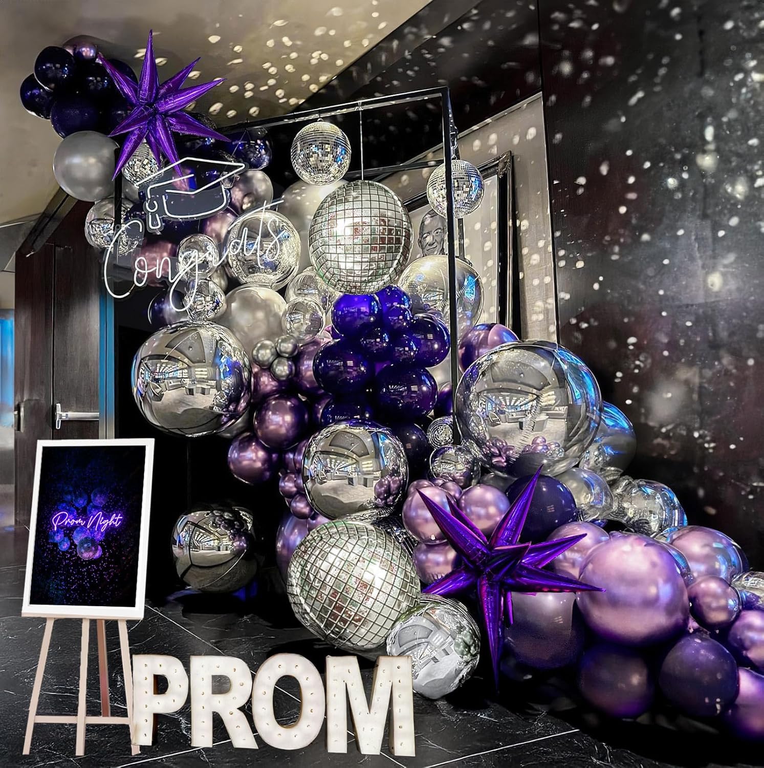 chrome purple silver disco balloon garland arch kit 120pcs dark purple & metallic purple balloons with disco ball star balloons for birthday eve prom party happy grad decorations 2025
