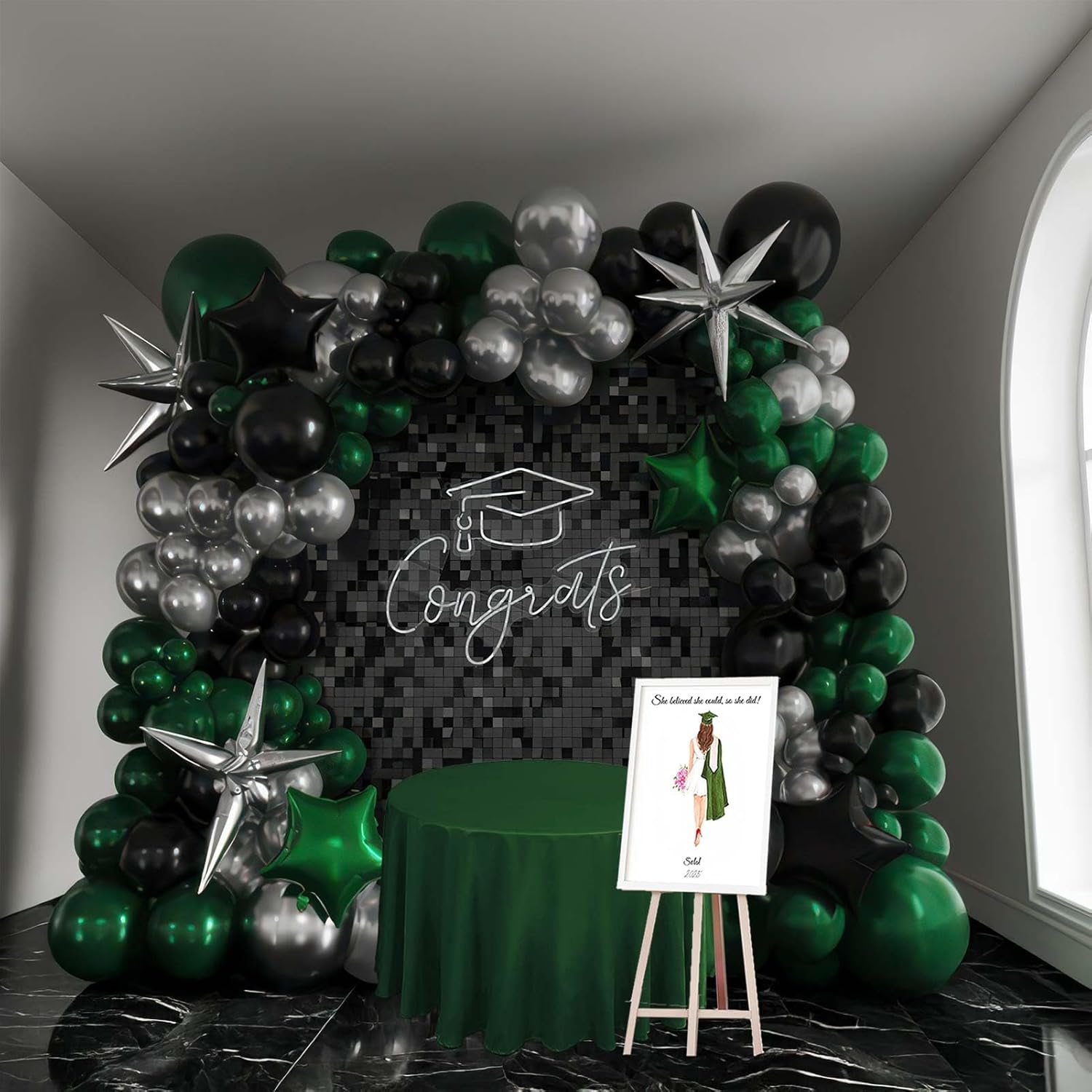 emerald green and silver black balloon garland arch kit 160pcs with star five-pointed star mylar balloon for Birthday anniversary 2025 graduations Prom decorations