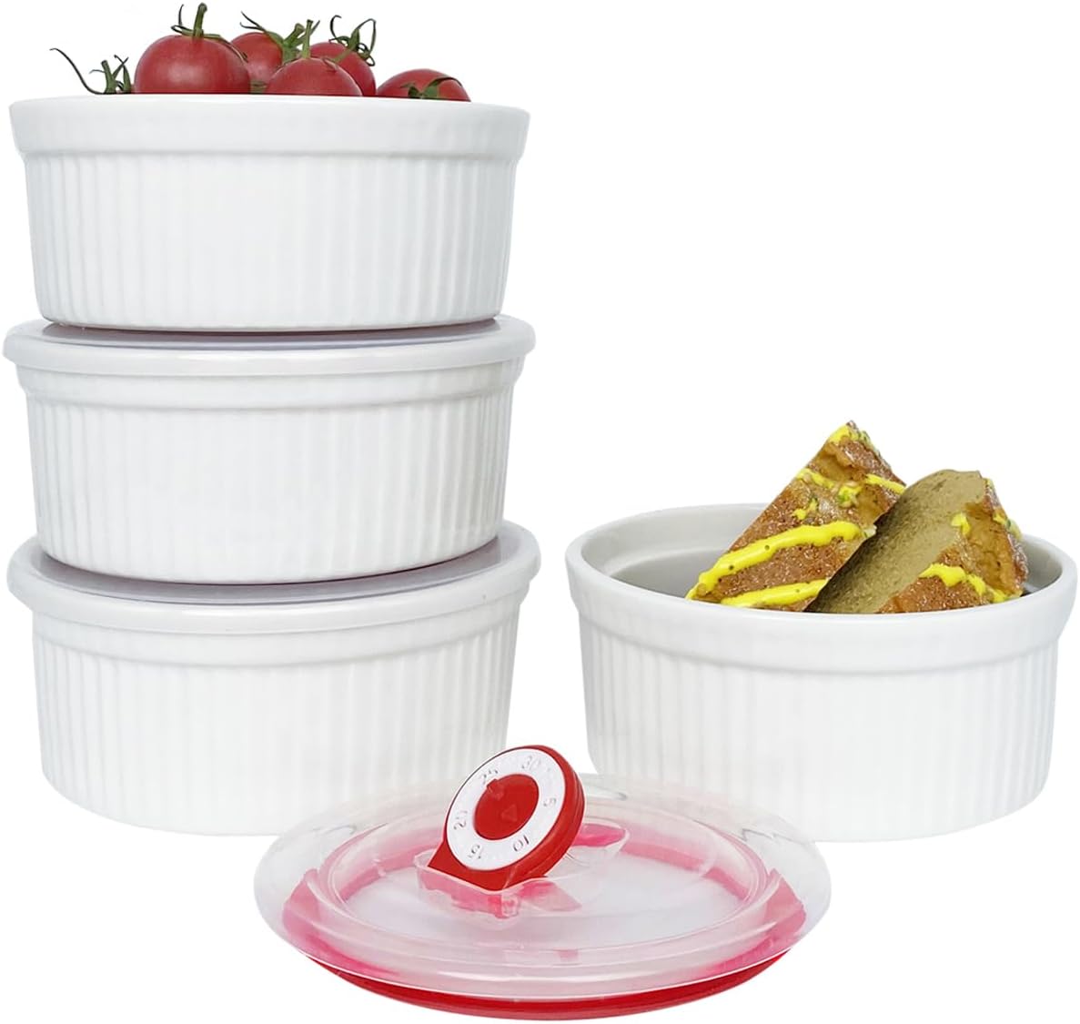 10 oz Ceramic Creme Brulee Ramekins Oven Safe, Small Souffle Ramekins with Lids, Mini Ramekin Set with Covers Set of 4, Pudding Custard Cups Ramiken for Baking, Meal Prep, Picnic, Camping