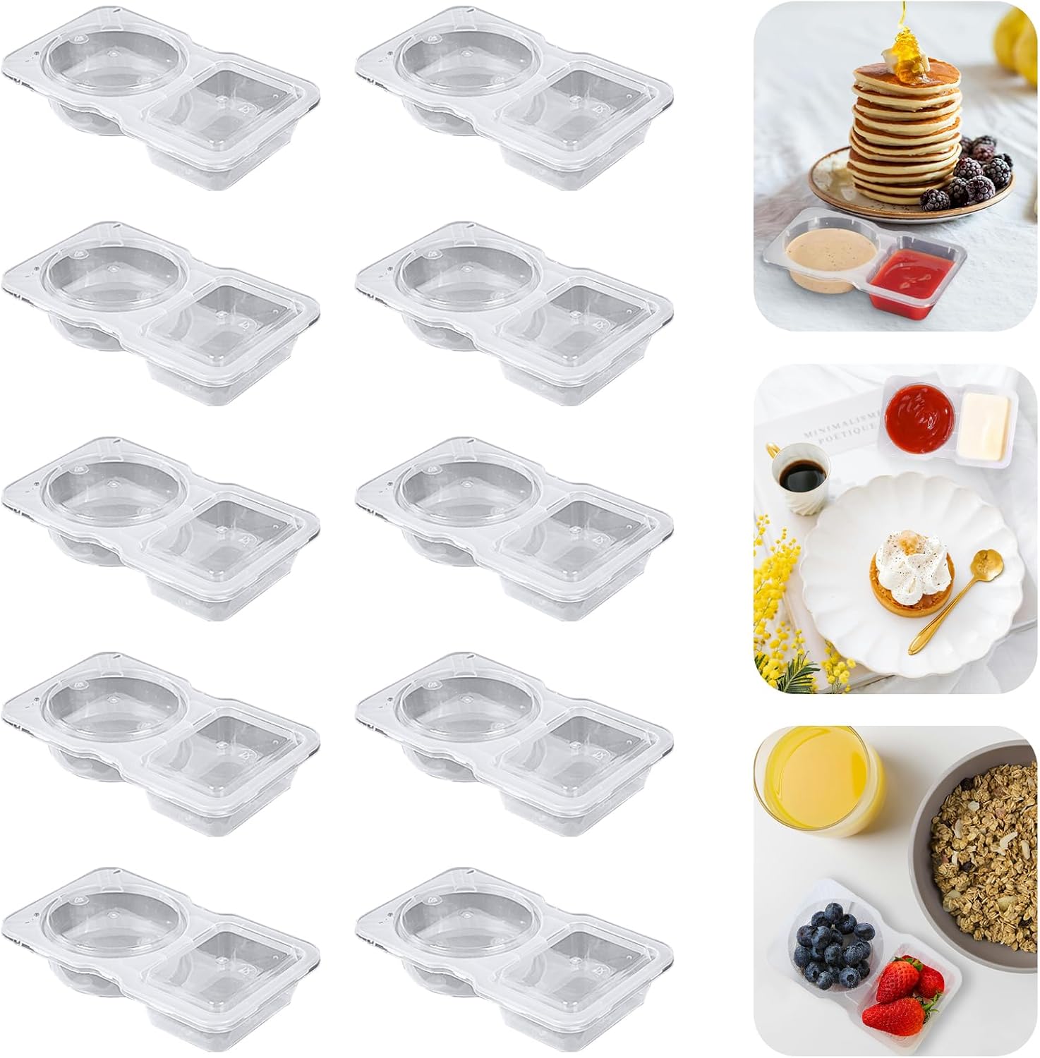 10pcs Double Compartment Condiment Container with Lids, Mini Plastic Snack Containers,BPA Free,Microwave Safe,Leakproof Food Storage, To Go Food Containers,Take Out Sauce Container
