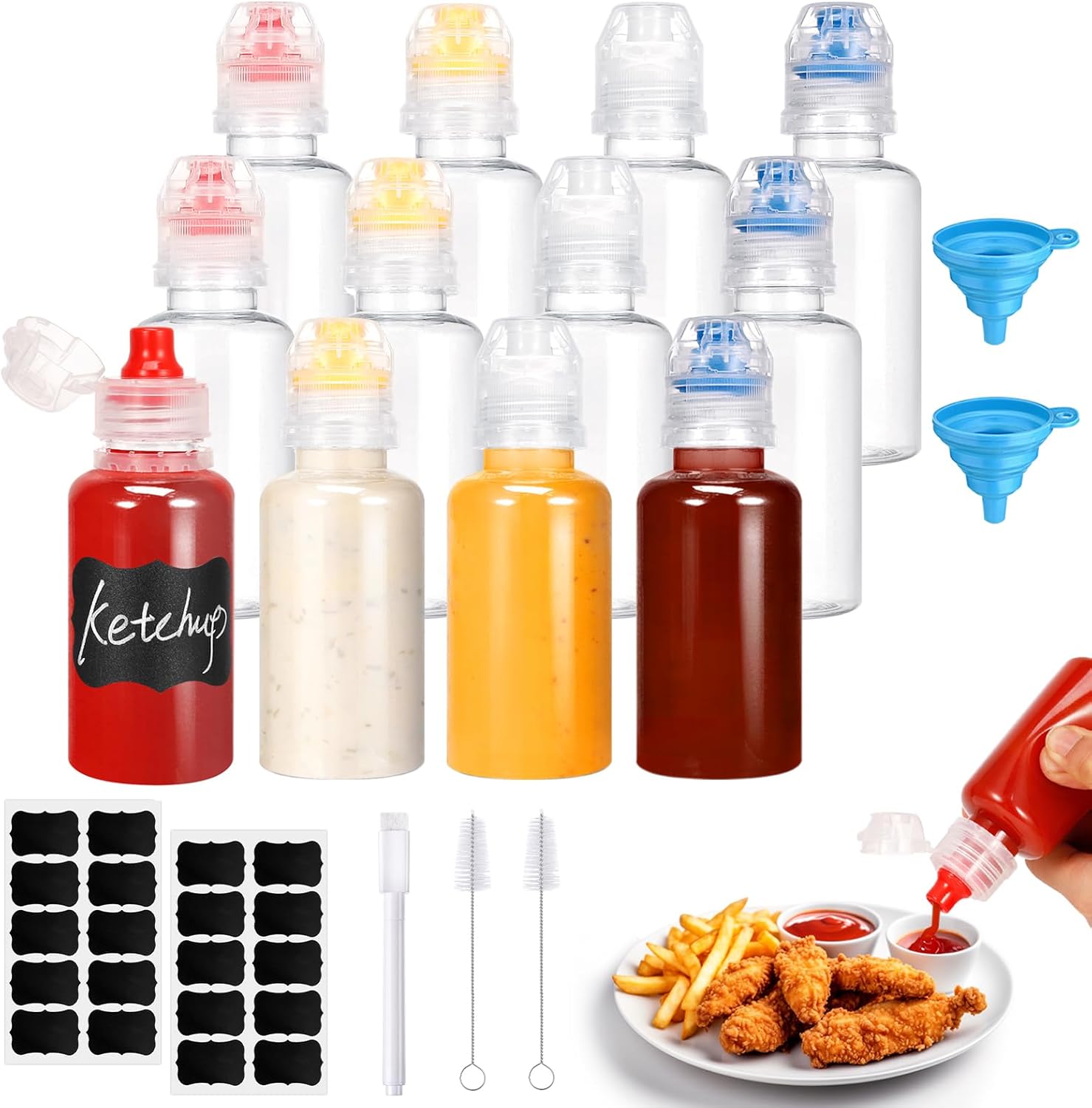 12 Pcs Mini Container Squeeze Bottles with Flip Top Lid, 95 ml Reusable Plastic Refillable Honey Container Dispenser, Camping Kids Cooking Travel Size Leakproof Bottles Kitchen Accessories