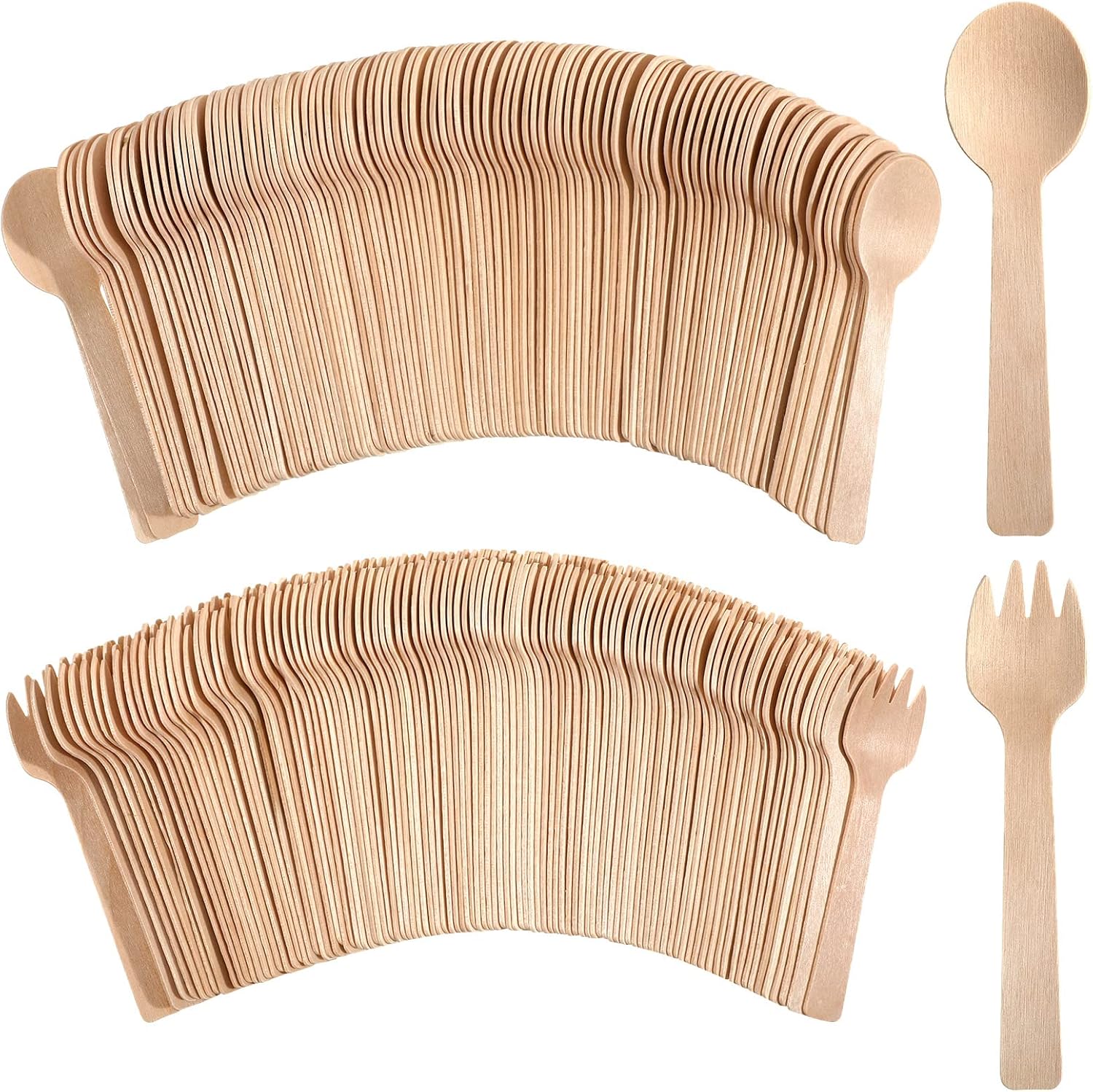 200 Count 4 Inch Mini Wooden Disposable Spoons and Forks Disposable Wooden Cutlery Set Birchwood Material Utensils Spoons Forks for Tableware Parties Weddings Camping Ice Cream Supplies